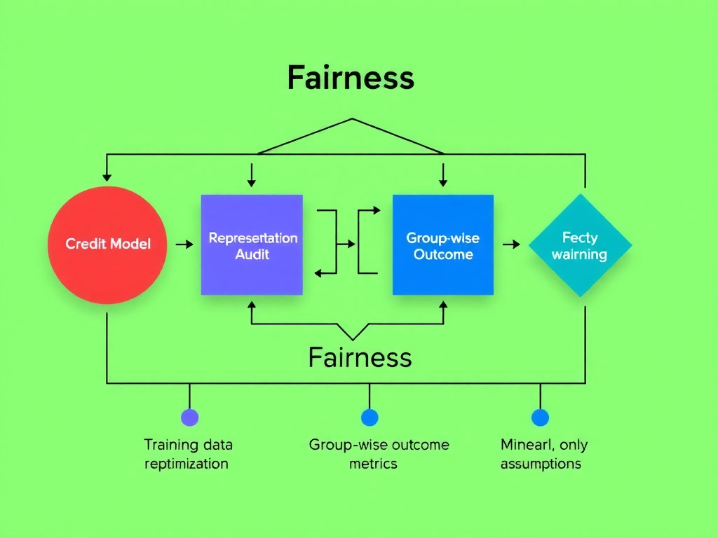 Fairness workflow for a credit model: training-data representation audit, group-wise outcome metrics, mitigation loop, monitoring; contrast with traps of accuracy-only optimization, linear-only assumptions, and unsupervised-as-fairness myths.