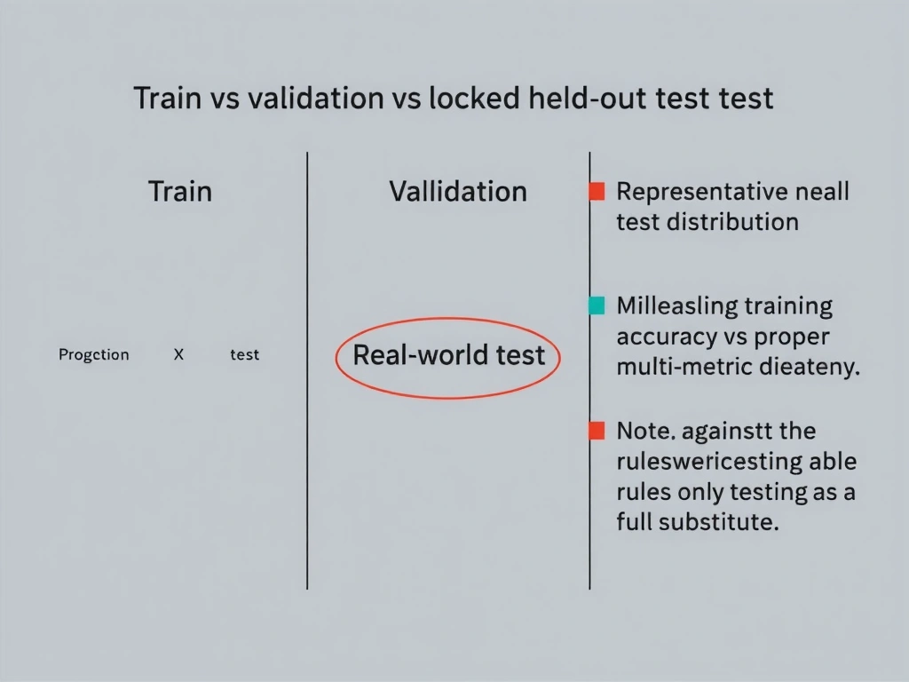 Train vs validation vs locked held-out test split; representative real-world test distribution; comparison of misleading training accuracy vs proper multi-metric evaluation; note against rules-only testing as a full substitute.