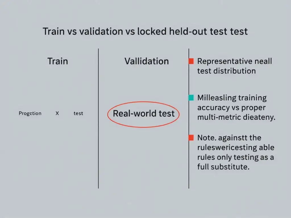 Train vs validation vs locked held-out test split; representative real-world test distribution; comparison of misleading training accuracy vs proper multi-metric evaluation; note against rules-only testing as a full substitute.