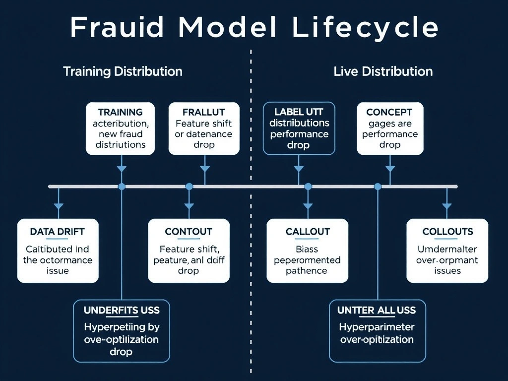 Timeline of fraud model lifecycle: training distribution vs live distribution with new fraud patterns appearing; labels for data drift and concept drift; monitoring gauges for feature shift and performance drop; contrast callouts for underfitting, bias, and hyperparameter over-optimization as different issues.