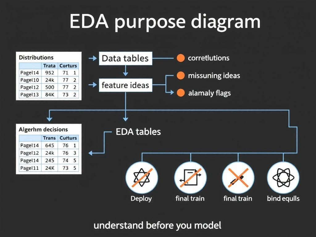 EDA purpose diagram: data tables flowing into charts for distributions, correlations, missingness, and anomaly flags; outputs feeding feature ideas and modeling decisions; crossed-out icons for deploy, final train, and blind algorithm pick; caption that EDA equals understand before you model.