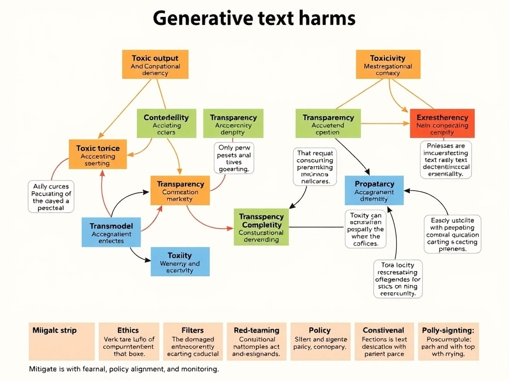 Ethics map for generative text harms: toxic output examples flowing from model; labeled boxes for toxicity and bias versus confidentiality, transparency, and computational complexity; mitigation strip with filters, red-teaming, policy alignment, and monitoring.