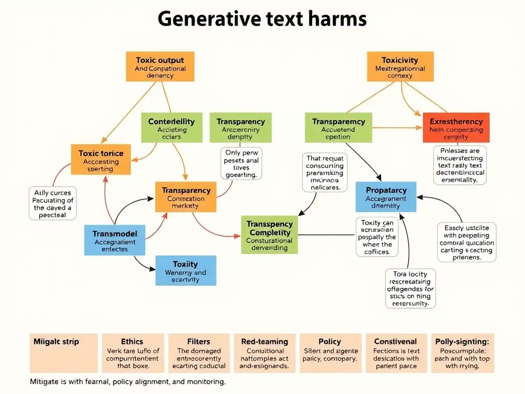 Ethics map for generative text harms: toxic output examples flowing from model; labeled boxes for toxicity and bias versus confidentiality, transparency, and computational complexity; mitigation strip with filters, red-teaming, policy alignment, and monitoring.