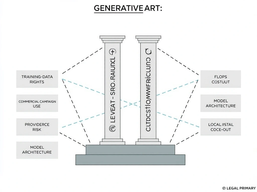 Legal considerations for generative art: two pillars labeled training-data rights and output ownership/licensing; surrounding nodes for commercial campaign use, provider terms, and infringement risk; smaller crossed-out panels for FLOPs cost, model architecture, and local install as non-legal primary concerns.