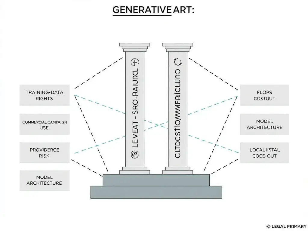 Legal considerations for generative art: two pillars labeled training-data rights and output ownership/licensing; surrounding nodes for commercial campaign use, provider terms, and infringement risk; smaller crossed-out panels for FLOPs cost, model architecture, and local install as non-legal primary concerns.