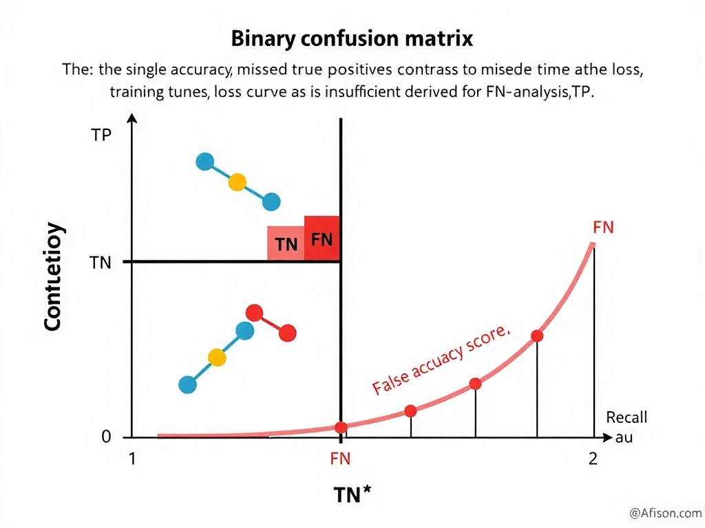 Binary confusion matrix with TP, TN, FP, FN cells highlighted; false negatives linked to missed true positives; contrast with single accuracy score, training time, and loss curve as insufficient for FN analysis; recall derived from FN and TP.