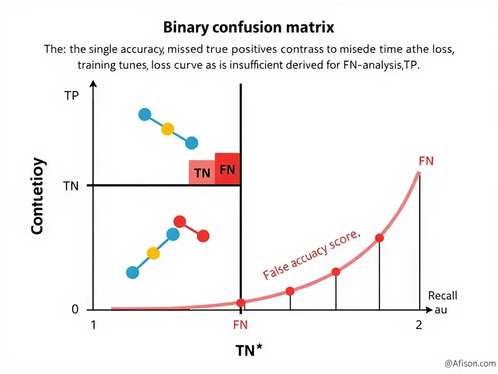 Binary confusion matrix with TP, TN, FP, FN cells highlighted; false negatives linked to missed true positives; contrast with single accuracy score, training time, and loss curve as insufficient for FN analysis; recall derived from FN and TP.