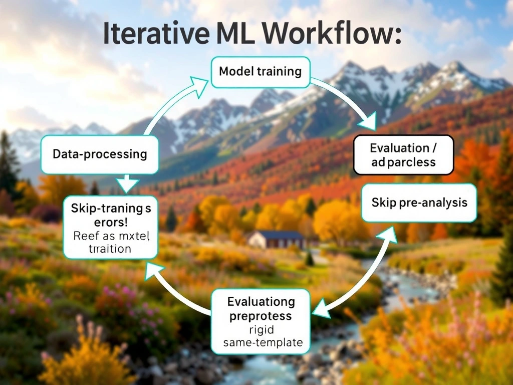 Iterative ML workflow cycle: data analysis and preprocessing, model training, evaluation and error analysis, arrows feeding back to next iteration; contrast with one-shot train, skip-preprocess, and rigid same-template approaches.