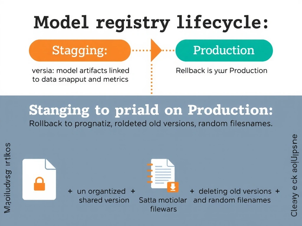 Model registry lifecycle: versioned model artifacts linked to code, data snapshot, and metrics; stages Staging vs Production; rollback to prior version; contrast with unorganized shared folder, deleting old versions, and random filenames.