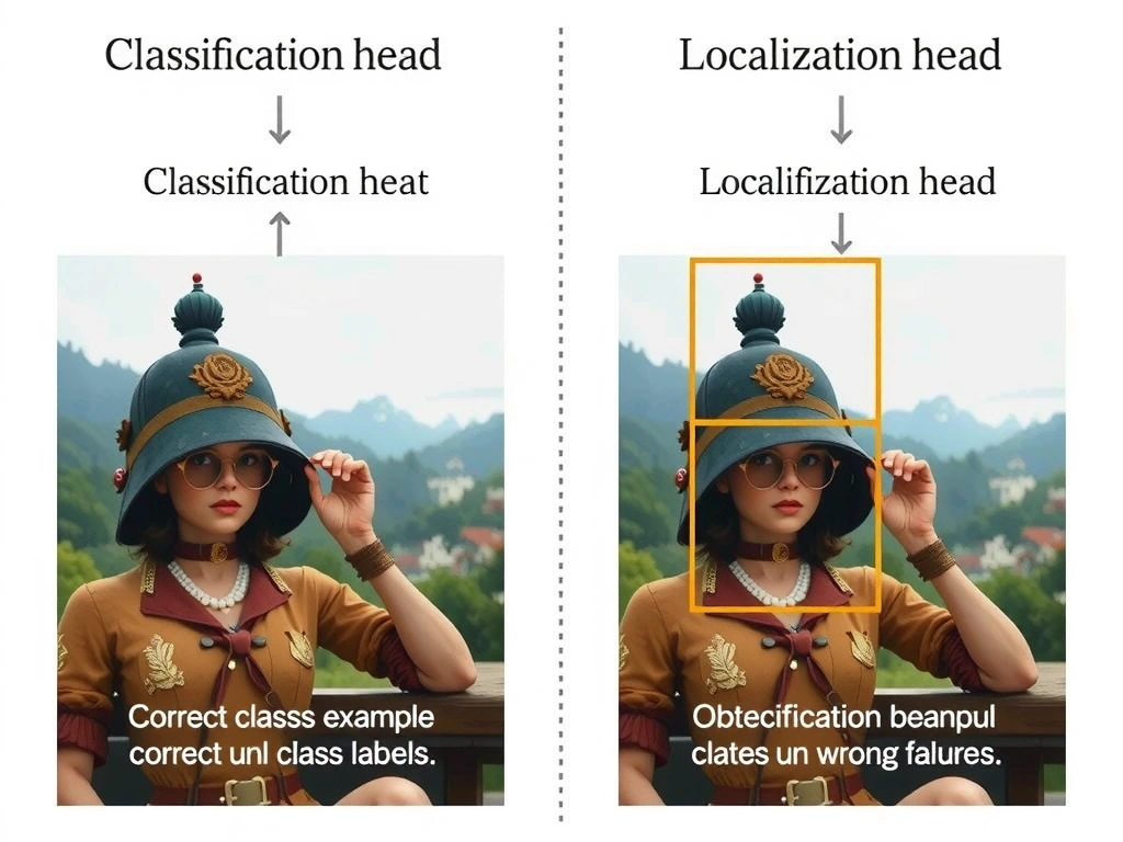 Object detection pipeline split into classification head and localization head; example image with correct class labels but shifted bounding boxes; callouts for IoU, box regression, and contrast between wrong place vs wrong name failures.