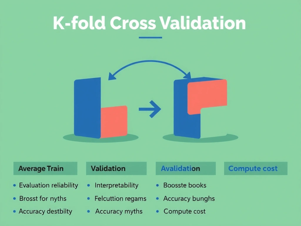 k-fold cross-validation diagram with rotating train and validation blocks, arrow to averaged performance estimate, and side notes contrasting evaluation reliability vs interpretability, accuracy boost myths, and compute cost.