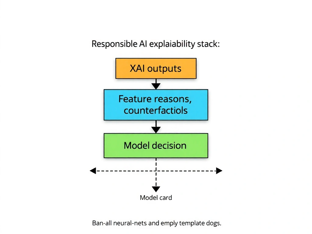 Responsible AI explainability stack: model decision flowing to XAI outputs (feature reasons, counterfactuals, model card) for auditor and user; crossed-out myths of ban-all-neural-nets and empty template docs.