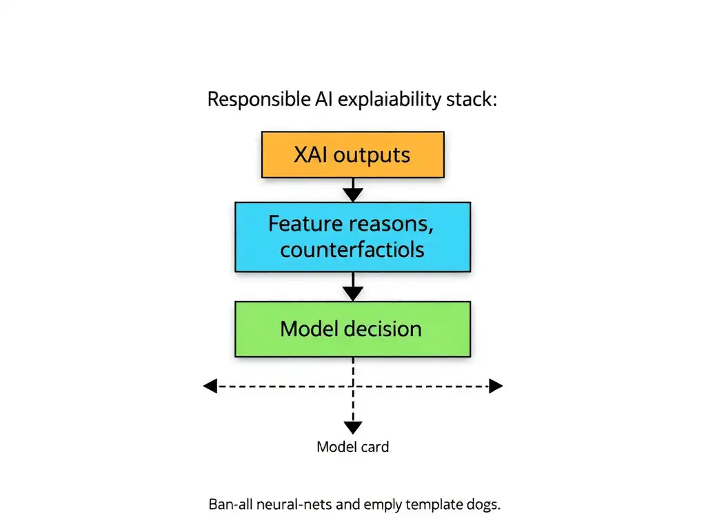 Responsible AI explainability stack: model decision flowing to XAI outputs (feature reasons, counterfactuals, model card) for auditor and user; crossed-out myths of ban-all-neural-nets and empty template docs.