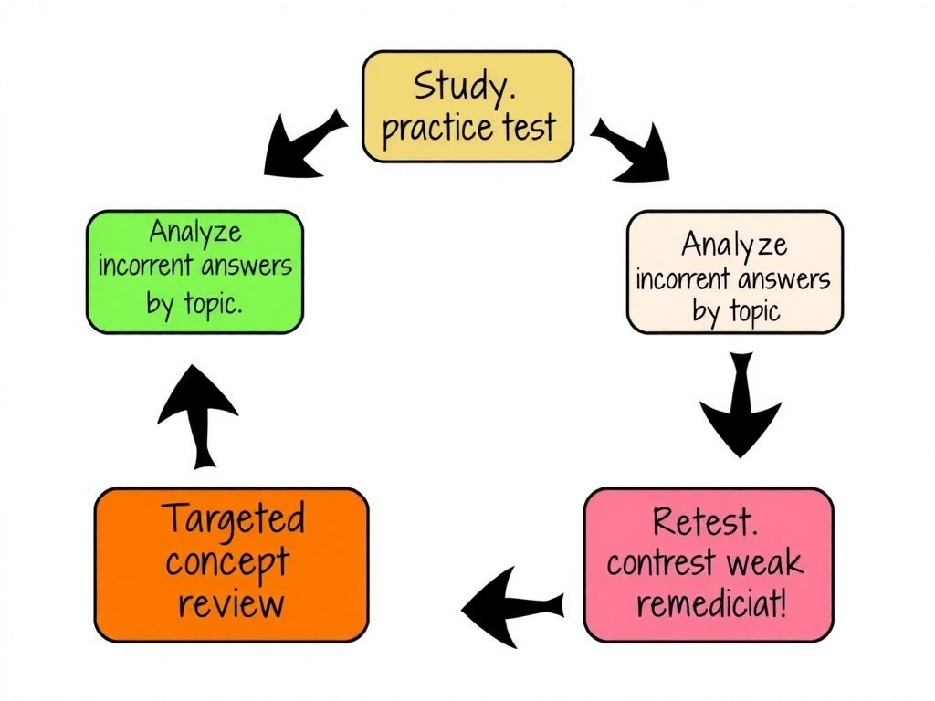 Study loop diagram: take practice test → analyze incorrect answers by topic → targeted concept review → retest weak areas; contrast boxes for reviewing only correct answers or retesting without remediation.