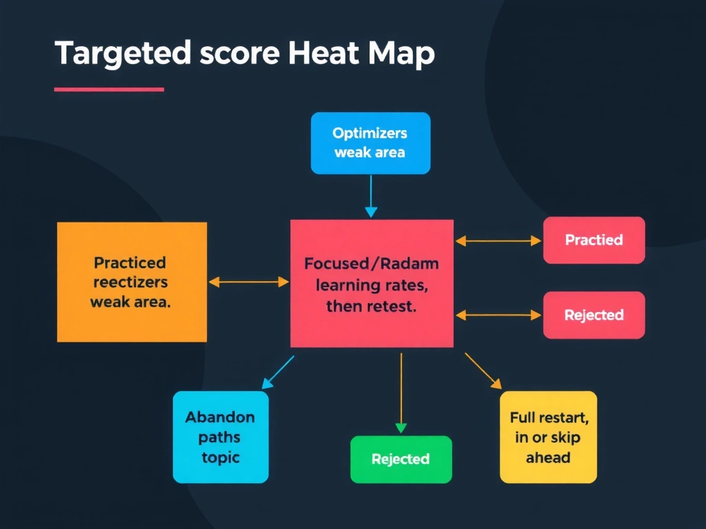 Targeted study flowchart: practice score heat map highlighting optimizers weak area, focused remediation block for SGD/Adam/learning rates, then retest; rejected paths for abandon topic, full restart, or skip ahead.
