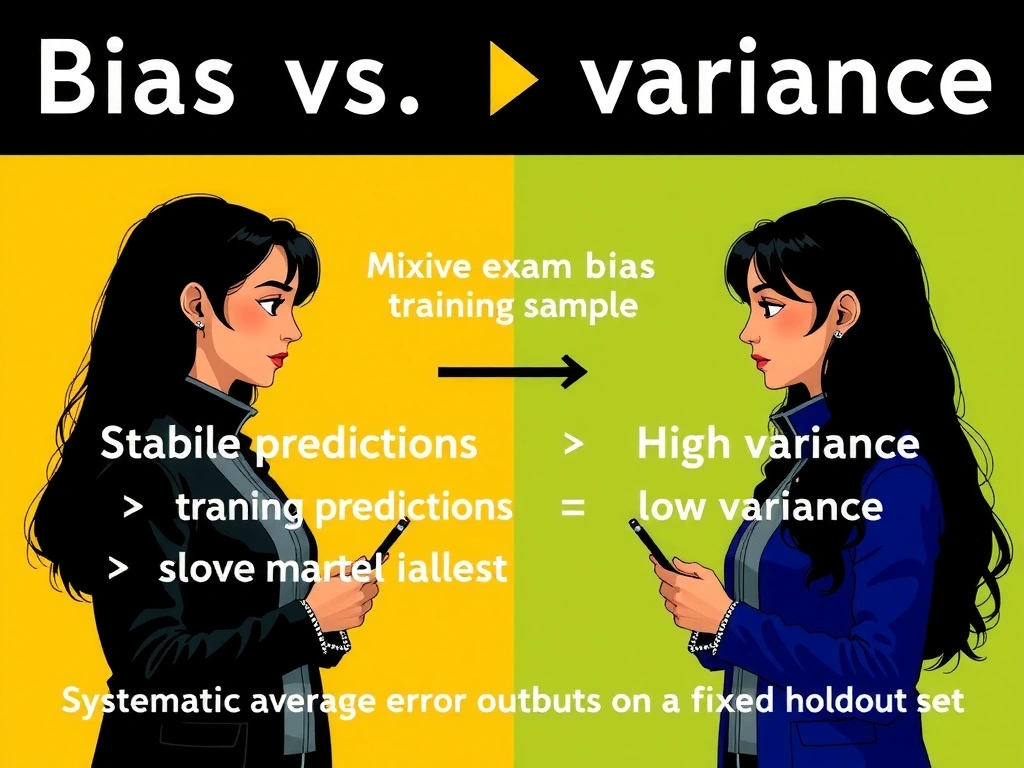 Bias vs variance: stable predictions across different training samples = low variance; swinging predictions = high variance; systematic average error = bias; side-by-side comparison of stable vs unstable model outputs on a fixed holdout set; common exam trap mixing bias with variance.