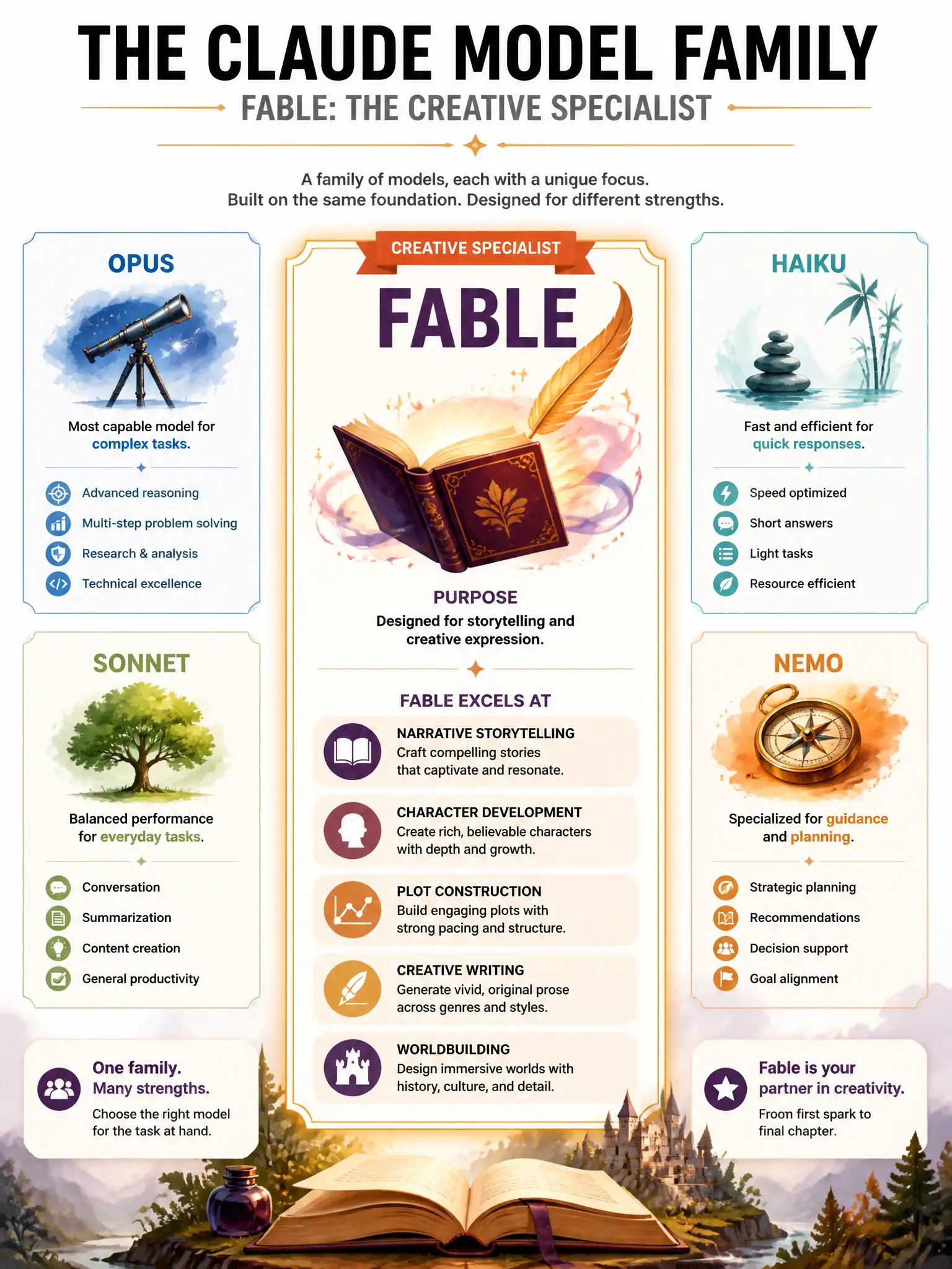 Infographic showing Claude model family with Fable highlighted as creative specialist. Fable features: narrative storytelling, character development, plot construction, creative writing, worldbuilding. Book/quill icon for Fable. Other models shown for context. Warm creative colors, 1024x768.