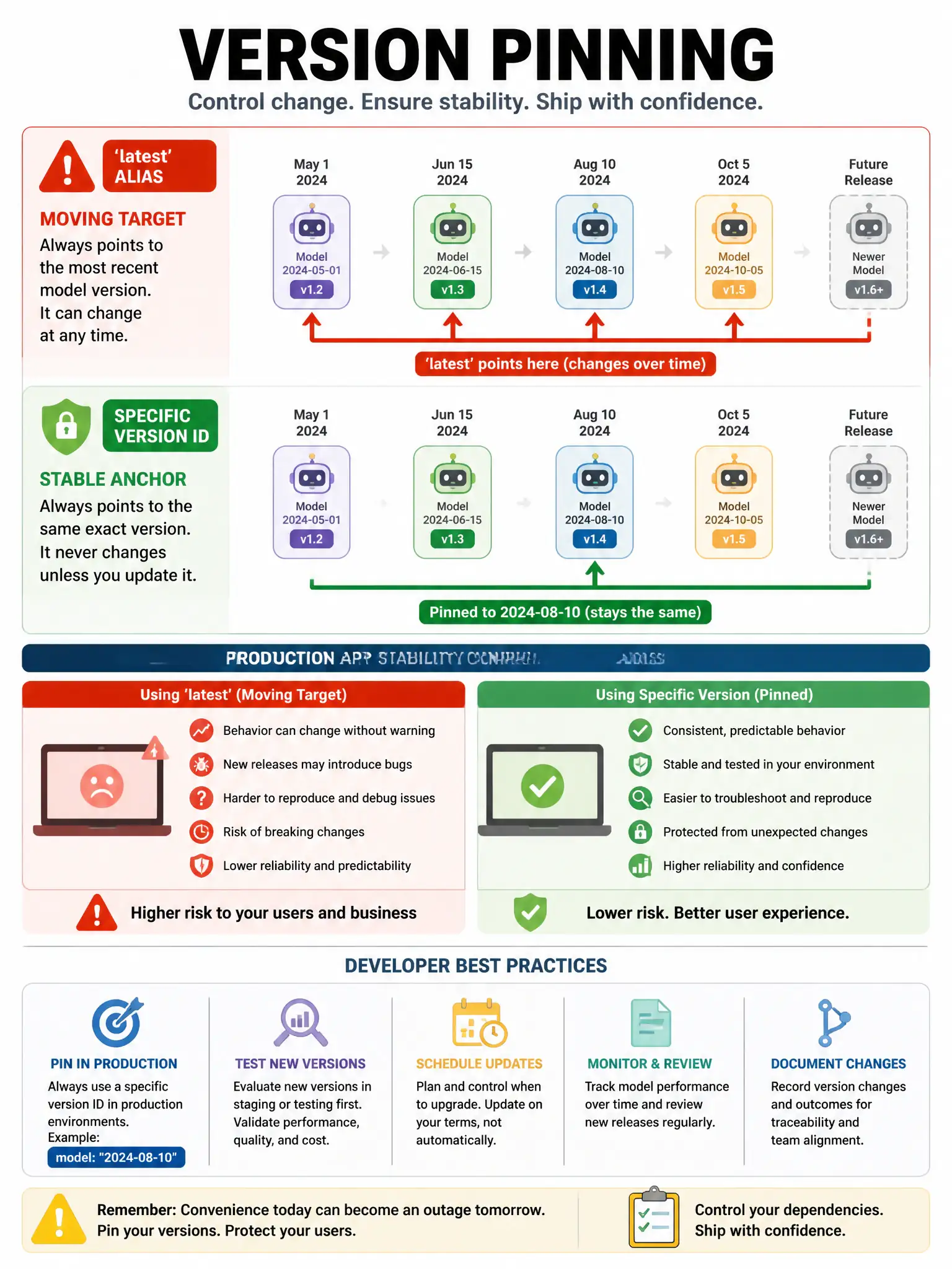 Version pinning infographic. 'latest' alias shown as moving target with arrow pointing to different model versions over time. Specific version ID shown as fixed stable anchor. Production app stability comparison. Warning triangle on 'latest'. Developer best practice guidance. 1024x768.