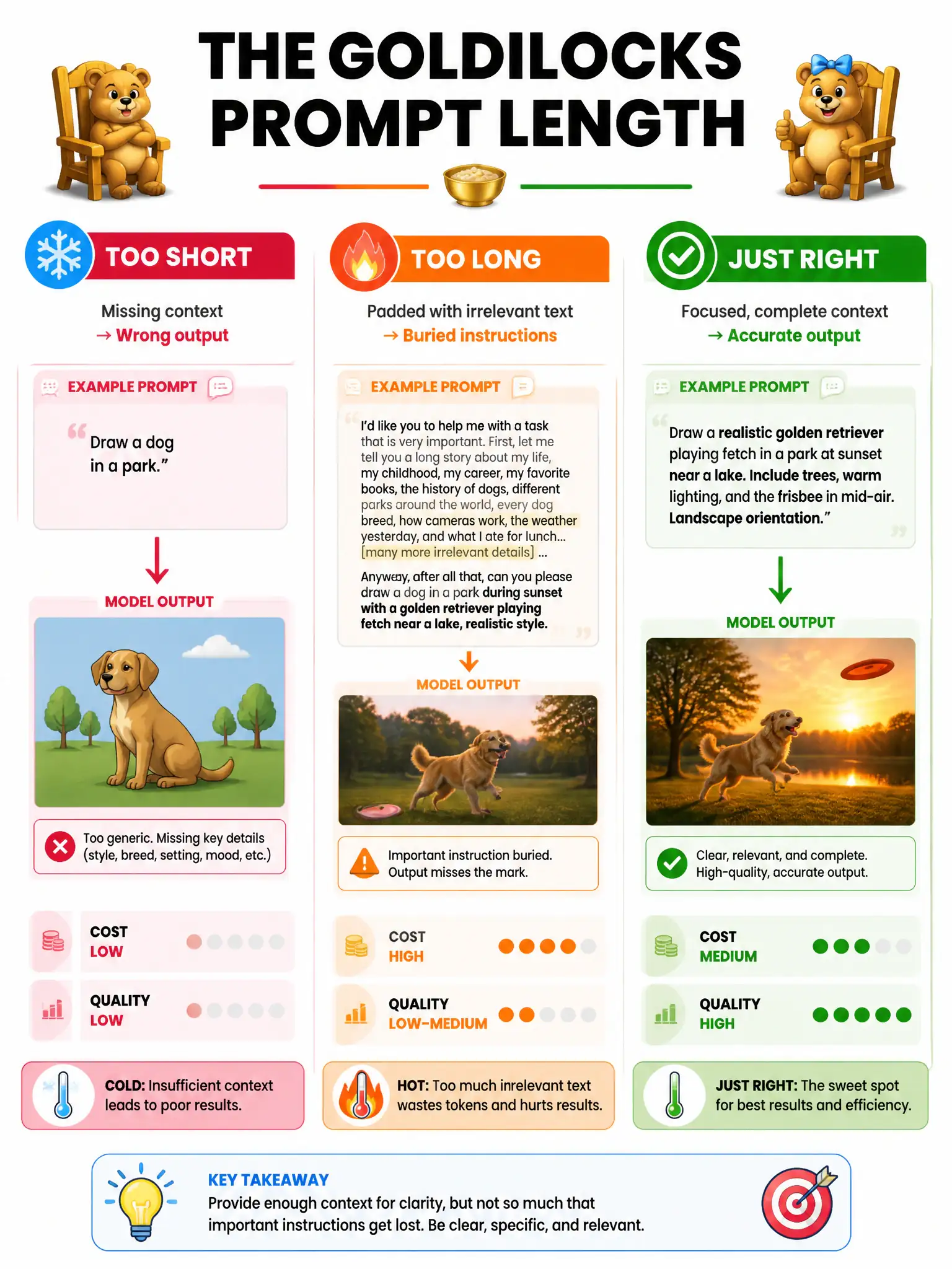 Goldilocks prompt length infographic. Three examples: Too short (missing context → wrong output, cold indicator). Too long (padded with irrelevant text → buried instructions, hot indicator). Just right (focused, complete context → accurate output, green). Cost and quality indicators for each. 1024x768.