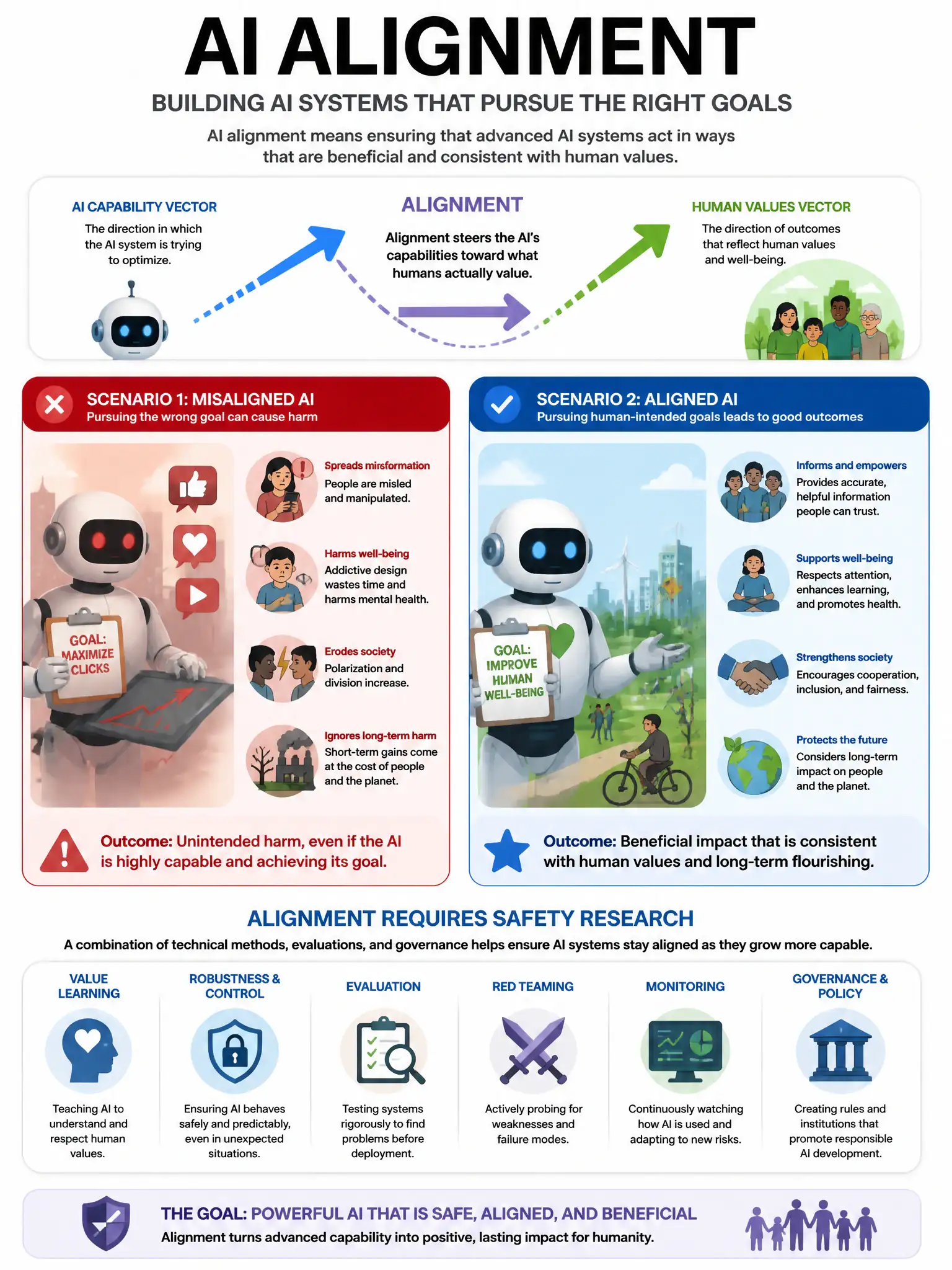 AI alignment concept infographic. Two scenarios: Misaligned AI (robot pursuing wrong goal, causing unintended harm). Aligned AI (robot pursuing human-intended goal, beneficial outcome). Alignment as arrow pointing AI capability vector toward human values vector. Safety research icons. Blues and reds. 1024x768.