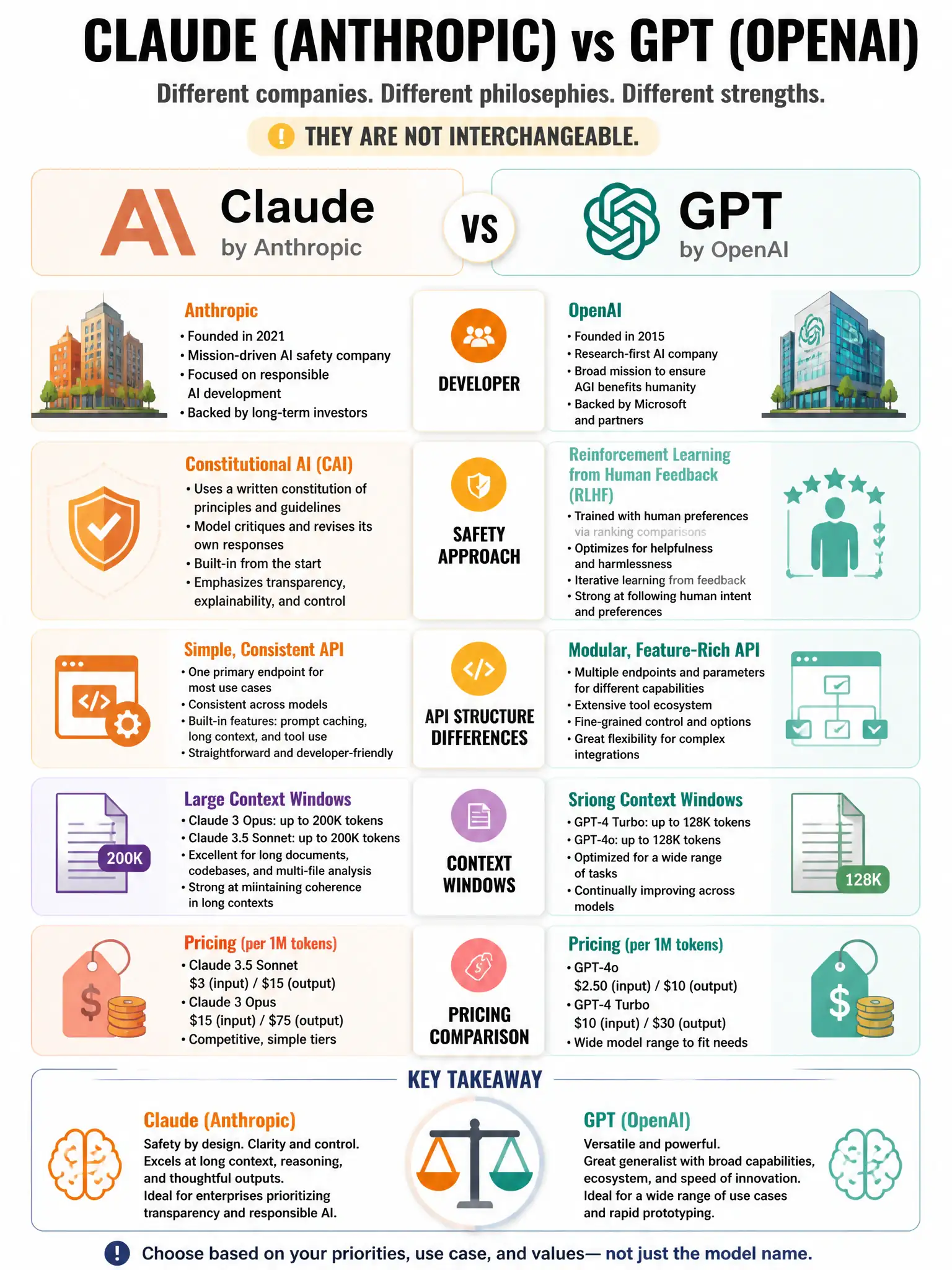 Comparison infographic: Claude (Anthropic) vs GPT (OpenAI). Side by side: Developer, Safety approach (CAI vs RLHF), API structure differences, Context windows, Pricing comparison. Key message: different companies, different philosophies, different strengths. Not interchangeable. Anthropic and OpenAI logos (abstract). 1024x768.