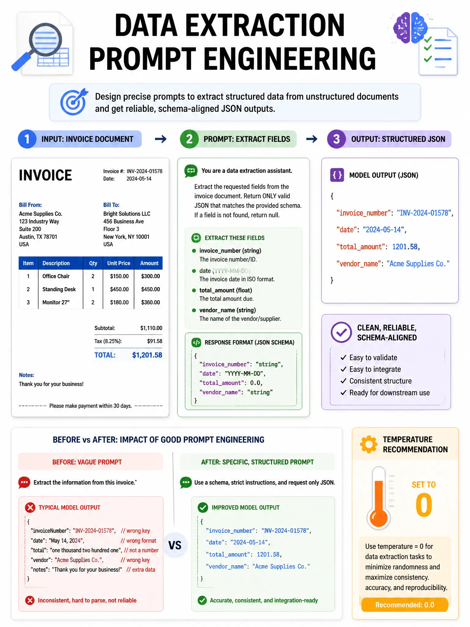 Data extraction prompt engineering infographic. Invoice document on left. Prompt shown with specific fields: invoicenumber (string), date (YYYY-MM-DD), totalamount (float), vendorname (string). Output: clean JSON matching schema. Temperature=0 recommendation shown. Before/after output quality. 1024x768.