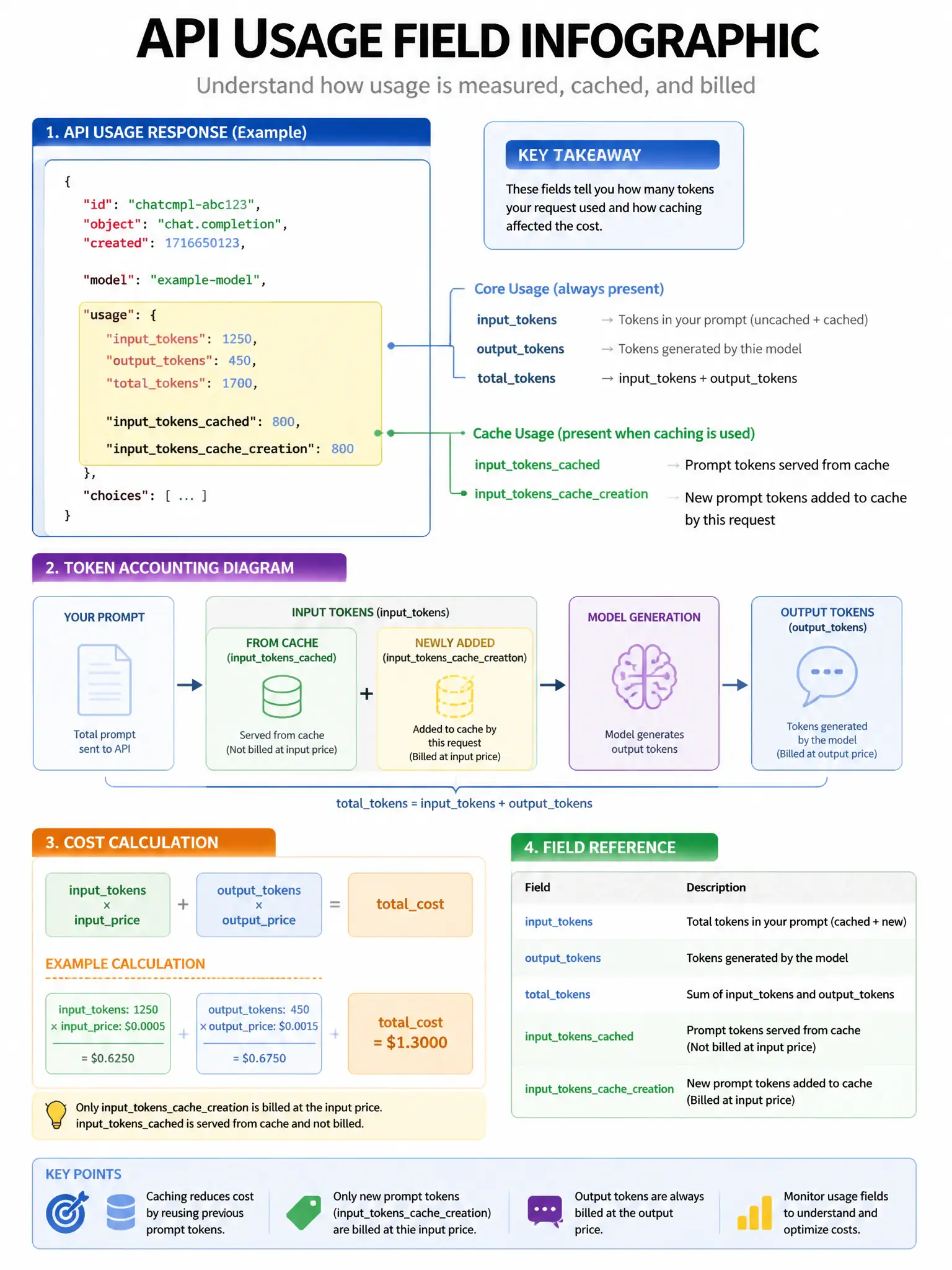 API usage field infographic. Response JSON with usage object highlighted: inputtokens: 1250, outputtokens: 450. Cost calculation shown: inputtokens × inputprice + outputtokens × outputprice = total cost. Also shows cache fields when caching is used. Token accounting diagram. 1024x768.