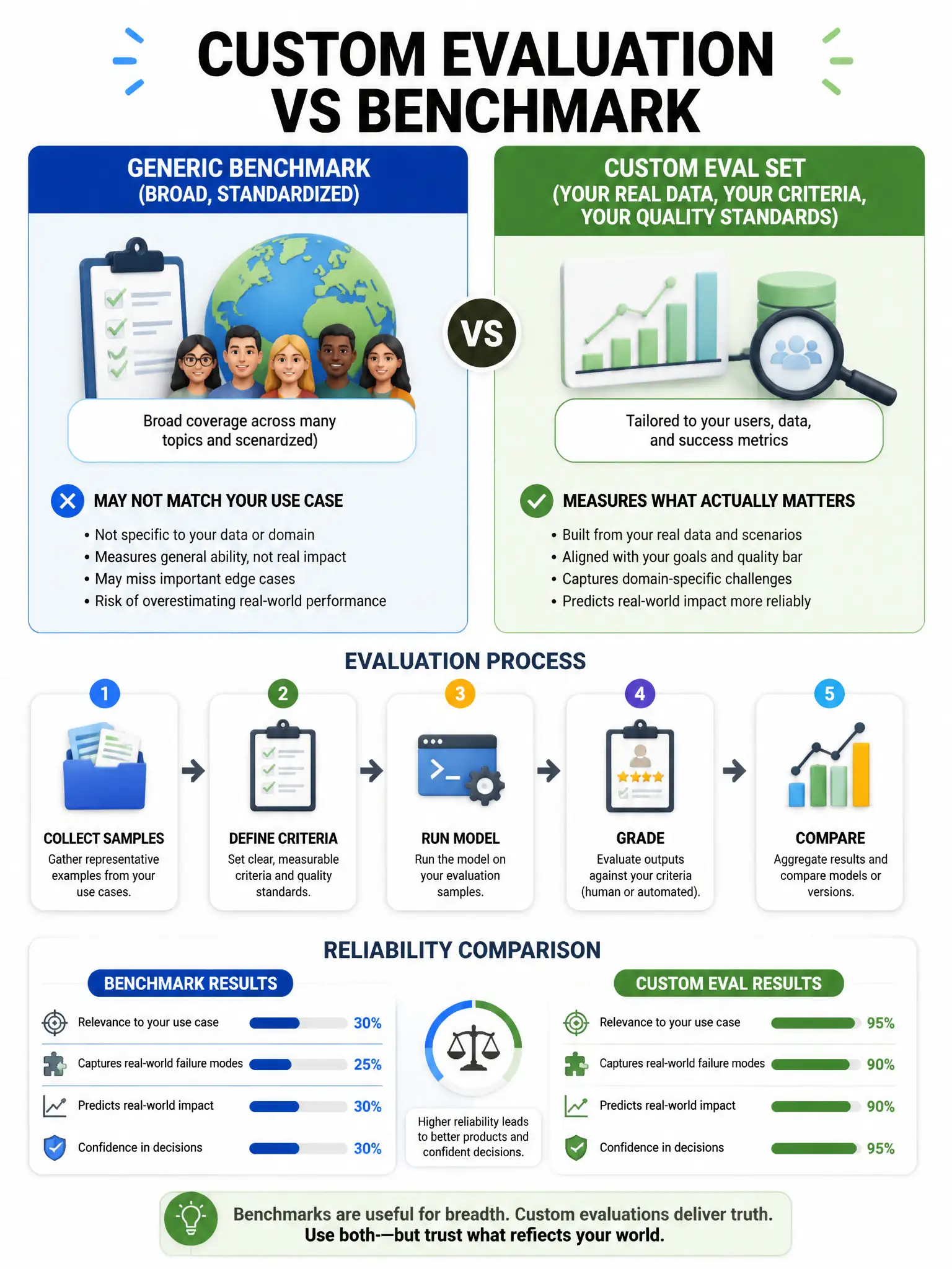 Custom evaluation vs benchmark infographic. Left: generic benchmark (broad, standardized) — may not match your use case. Right: custom eval set (your real data, your criteria, your quality standards) — measures what actually matters. Evaluation process: collect samples → define criteria → run model → grade → compare. Reliability comparison. 1024x768.