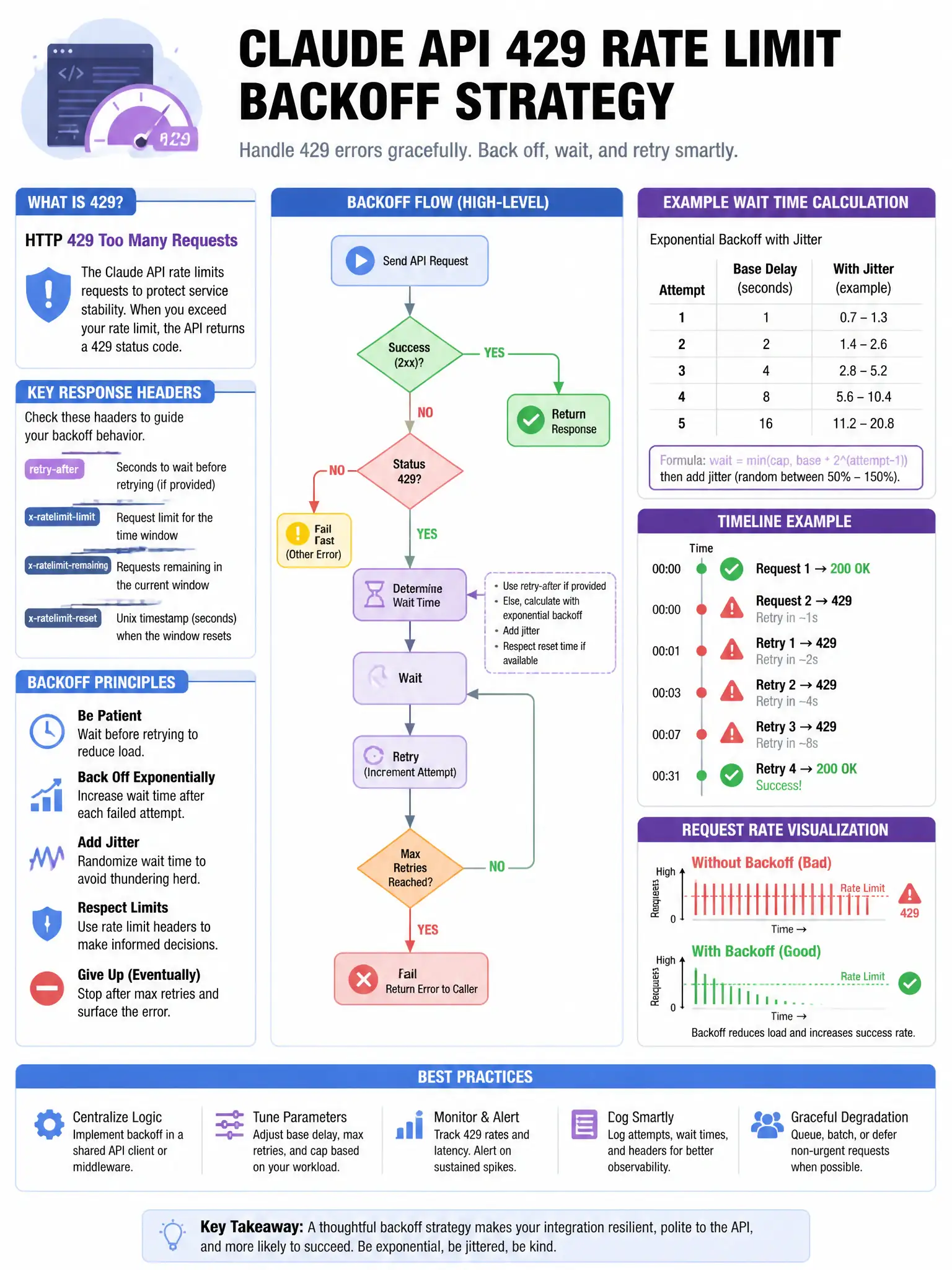 Educational infographic 1024x768 about Claude API 429 rate limit backoff strategy. Clean tech blues/purples, clear labels, diagram style for CCAO-F practice question q156.
