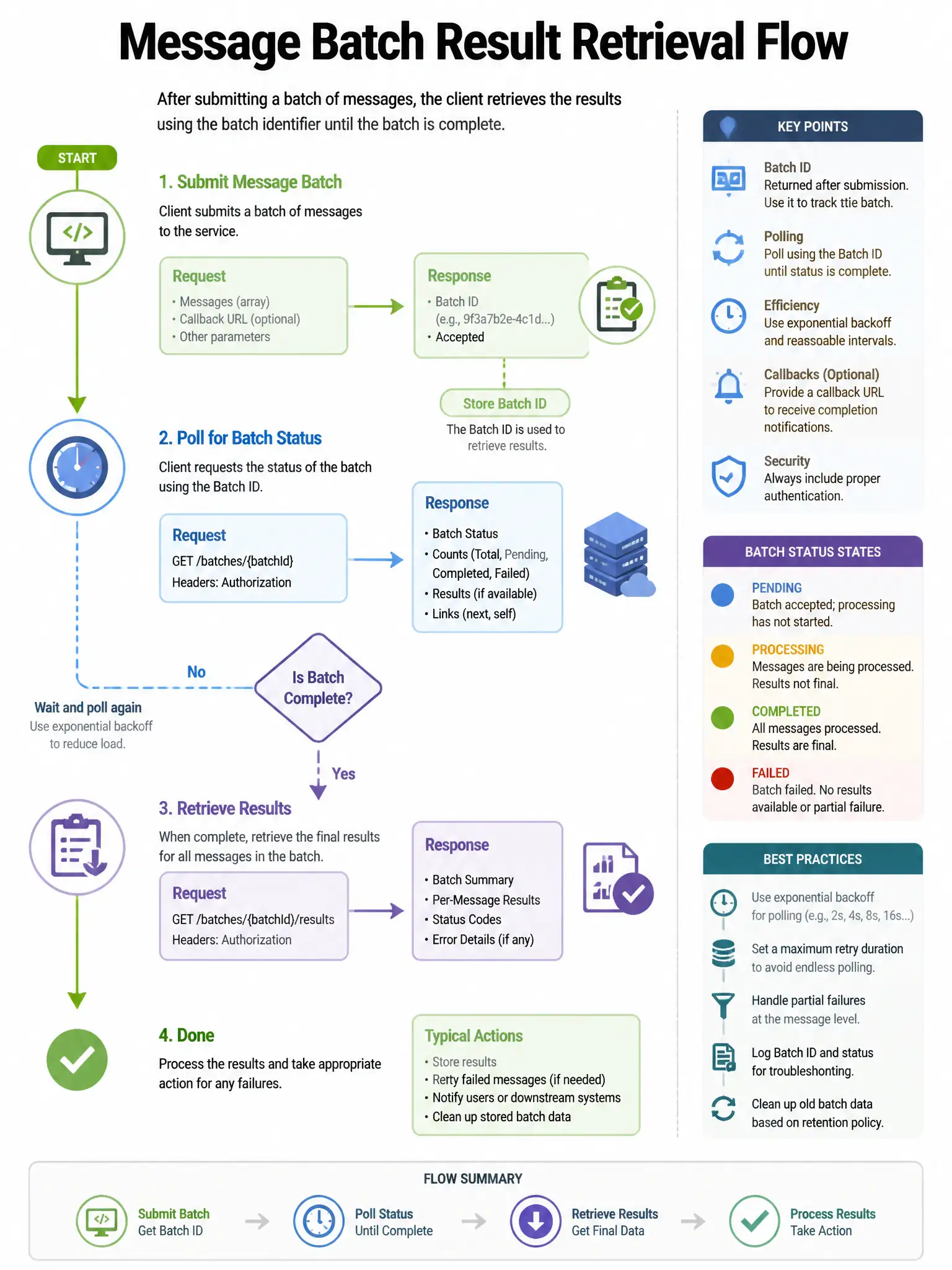 Educational infographic 1024x768 about Message Batch result retrieval flow. CCAO-F q166.