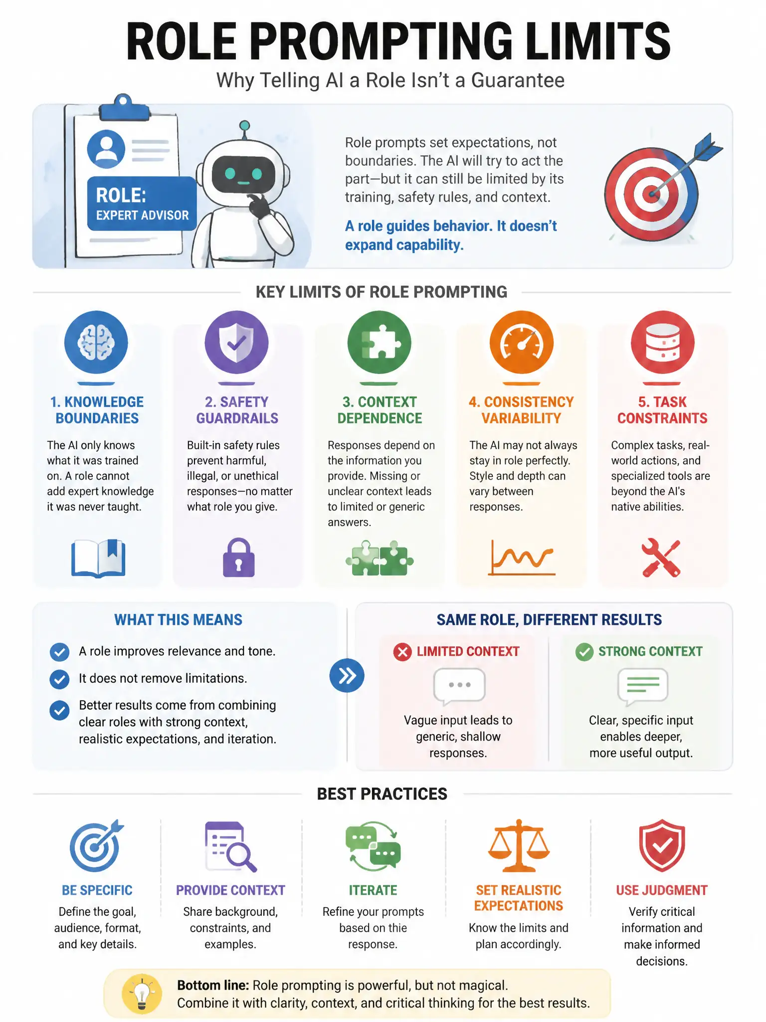 Educational infographic 1024x768 about role prompting limits. CCAO-F q194.