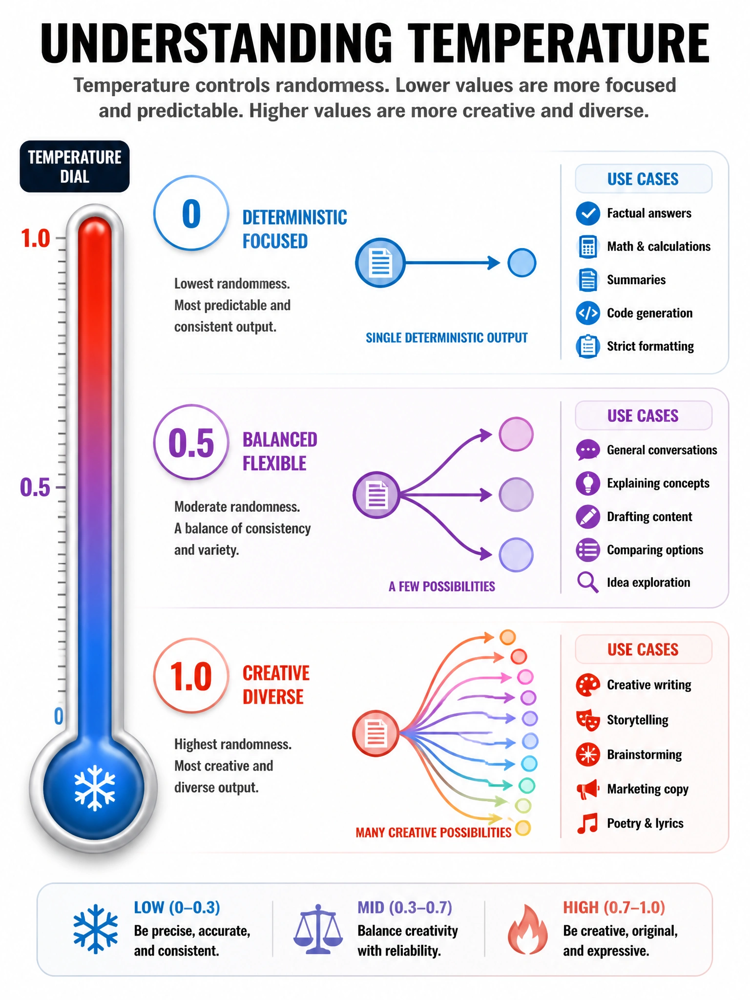 Infographic showing a temperature dial from 0 to 1. At 0: single deterministic output arrow. At 0.5: a few branching possibilities. At 1.0: many creative branching possibilities. Use cases listed for each setting. Thermometer visual metaphor, blues and reds, 1024x768.