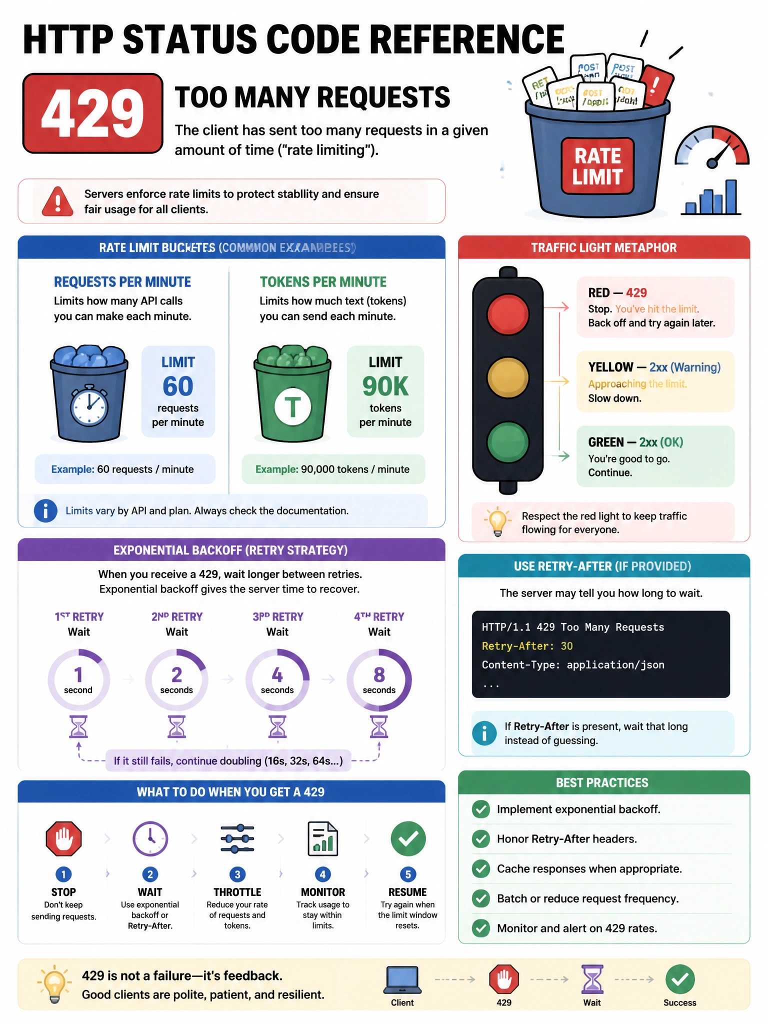 HTTP status code reference infographic highlighting 429 Too Many Requests. Show rate limit buckets: requests per minute, tokens per minute. Exponential backoff diagram: retry after 1s, 2s, 4s, 8s. Traffic light metaphor with red for 429. Developer-focused, 1024x768.