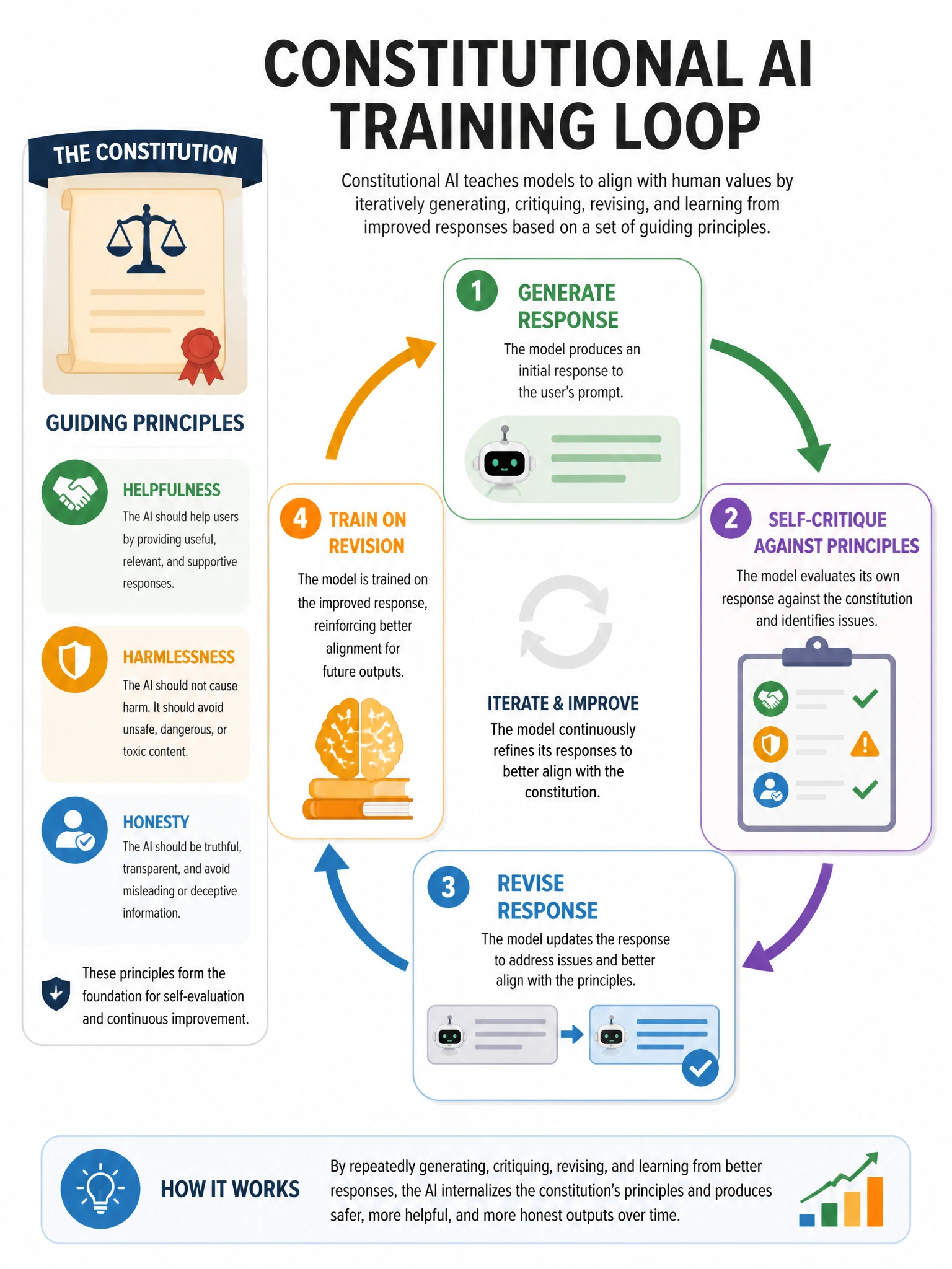 Diagram showing Constitutional AI training loop: Generate Response → Self-Critique Against Principles → Revise Response → Train on Revision. Constitutional document icon with listed principles (helpfulness, harmlessness, honesty). Circular arrows showing iteration. Educational infographic, 1024x768.