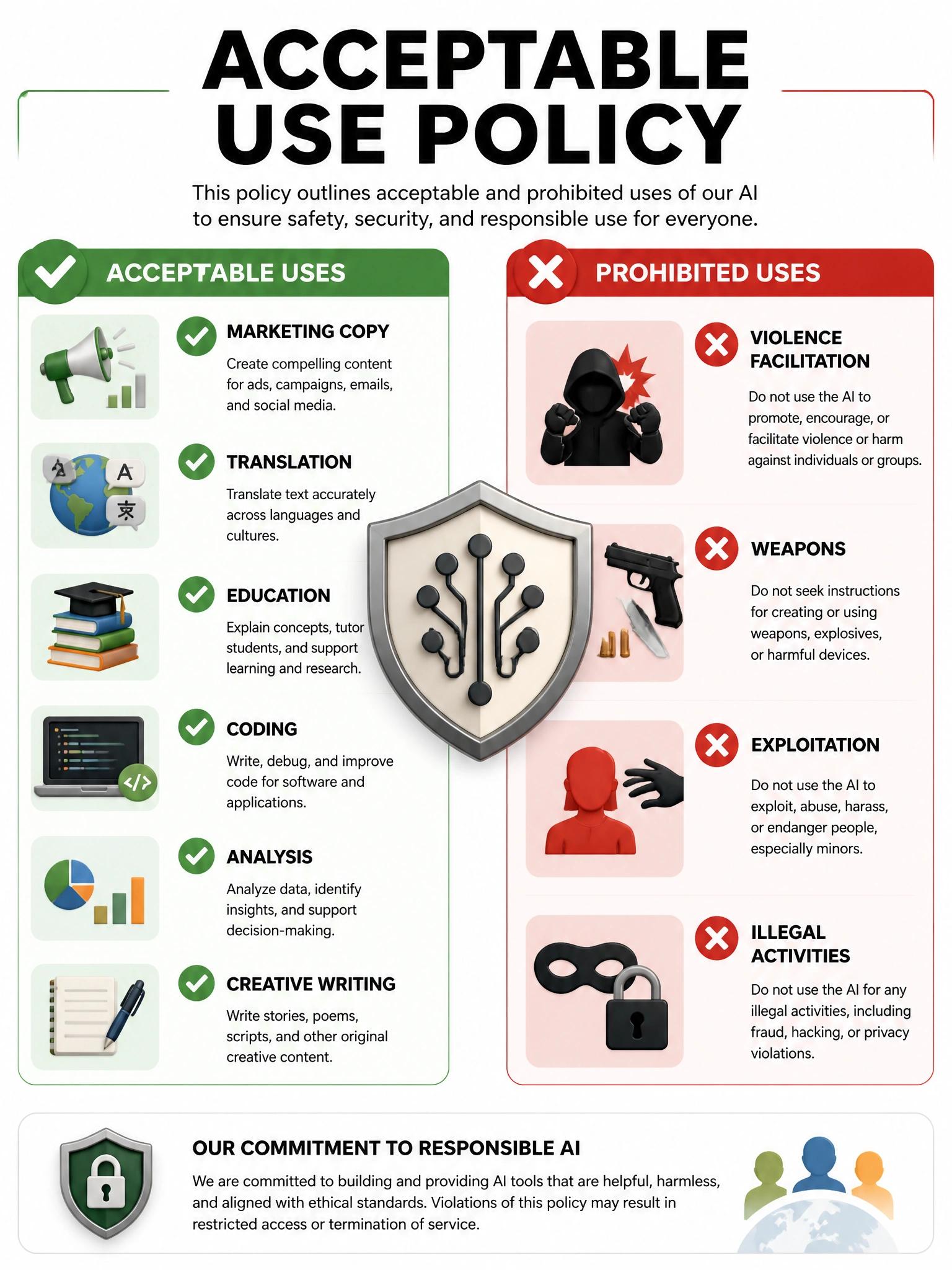 Acceptable use policy infographic split into two columns. Left (green checkmarks): marketing copy, translation, education, coding, analysis, creative writing. Right (red X): violence facilitation, weapons, exploitation, illegal activities. Anthropic shield logo concept. 1024x768.
