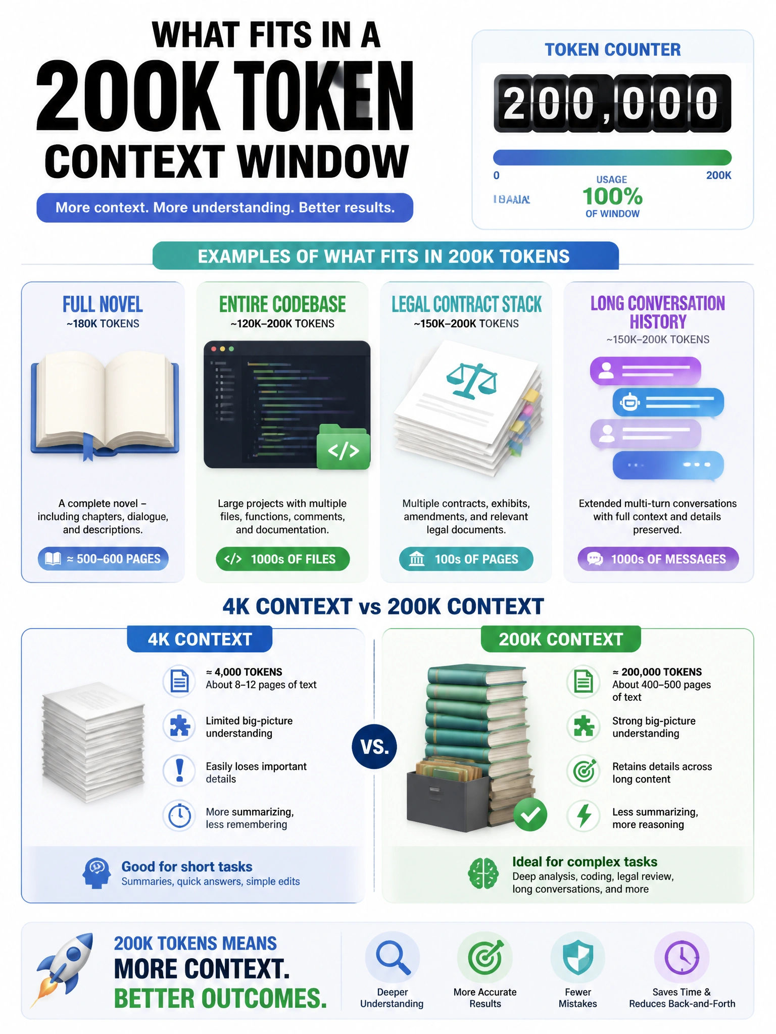 Infographic showing what fits in a 200K token context window: full novel (180K tokens), entire codebase, legal contract stack, long conversation history. Token counter visualization. Comparison: 4K context vs 200K context side by side. Blues and greens, 1024x768.