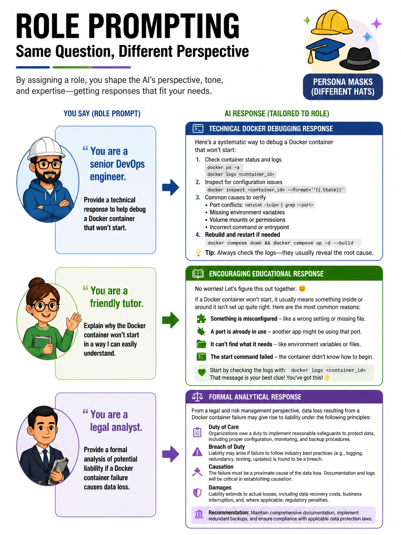 Infographic showing role prompting examples: 'You are a senior DevOps engineer' → technical Docker debugging response. 'You are a friendly tutor' → encouraging educational response. 'You are a legal analyst' → formal analytical response. Persona masks/hats icon. 1024x768.