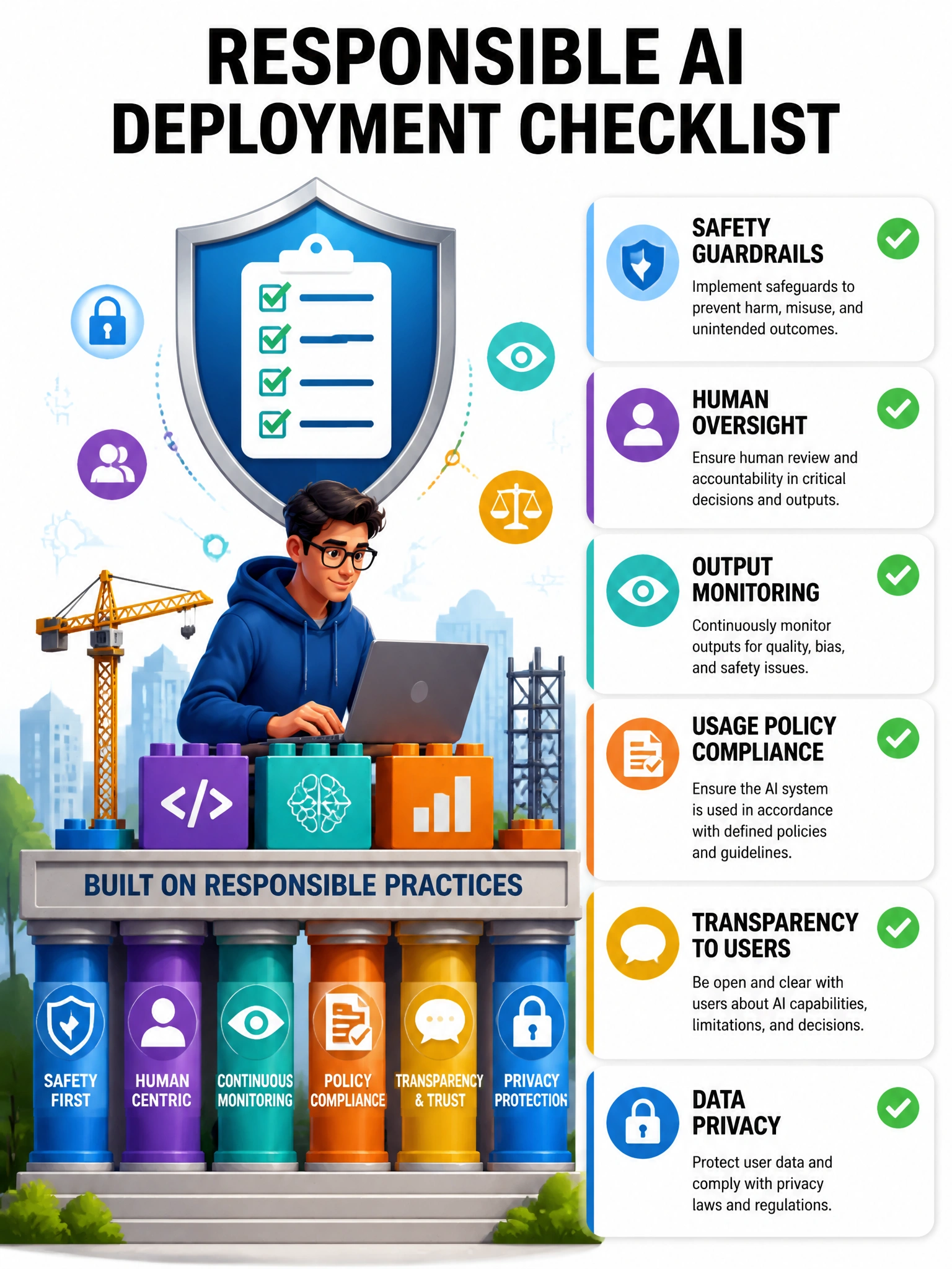 Responsible AI deployment checklist infographic: Safety Guardrails ✓, Human Oversight ✓, Output Monitoring ✓, Usage Policy Compliance ✓, Transparency to Users ✓, Data Privacy ✓. Shield and checklist icon. Developer building with foundation of responsible practices. 1024x768.