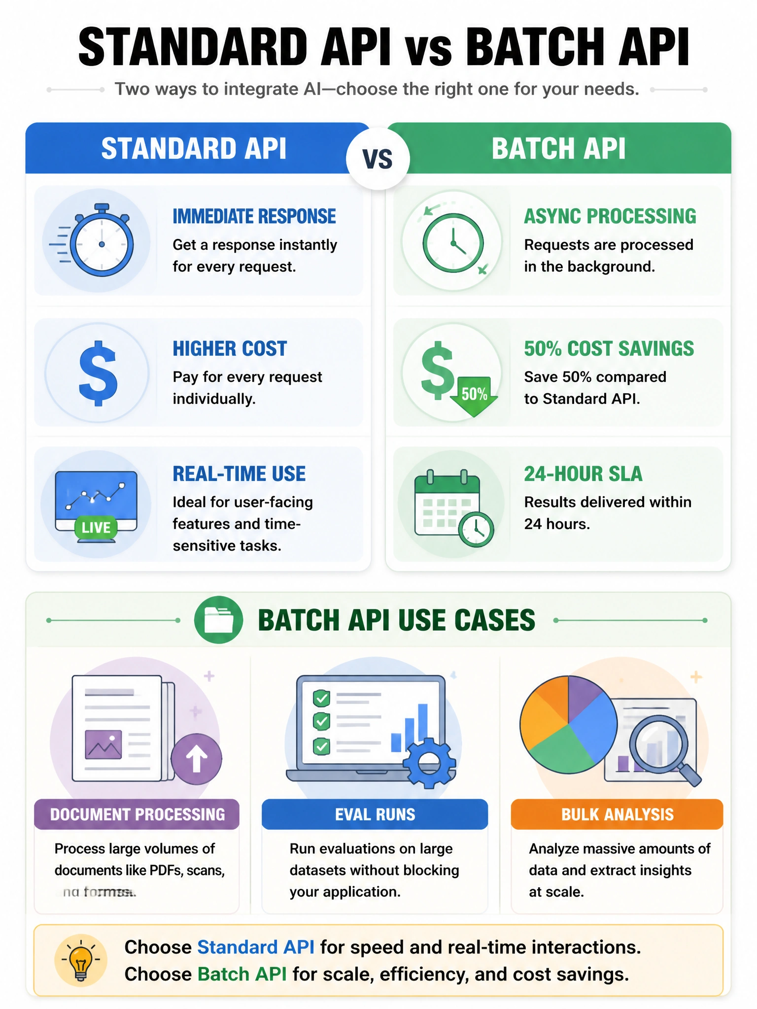 Infographic comparing standard API vs Batch API. Standard: immediate response, higher cost, real-time use. Batch API: async processing, 50% cost savings, 24-hour SLA. Use case examples for batch: document processing, eval runs, bulk analysis. Clock and dollar sign icons. 1024x768.
