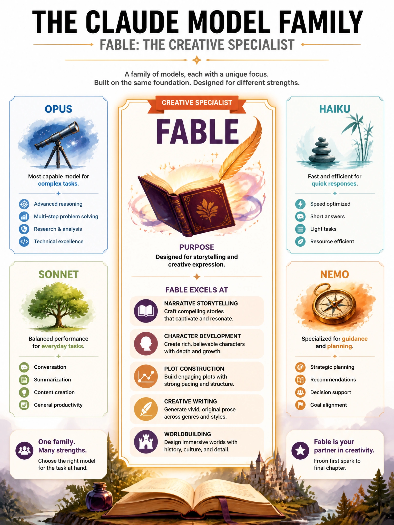 Infographic showing Claude model family with Fable highlighted as creative specialist. Fable features: narrative storytelling, character development, plot construction, creative writing, worldbuilding. Book/quill icon for Fable. Other models shown for context. Warm creative colors, 1024x768.