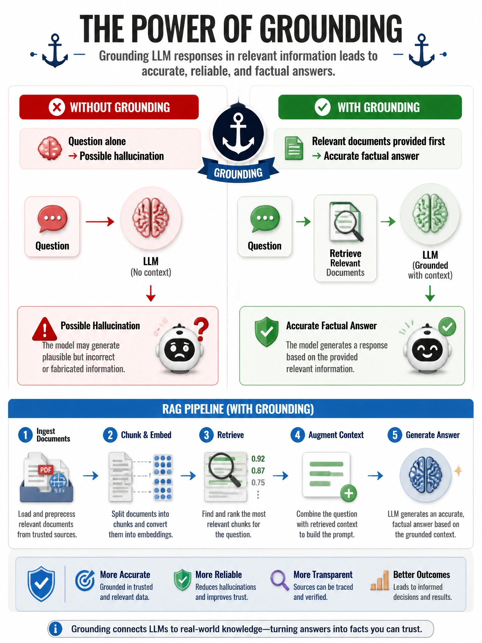 Infographic showing grounding technique: Without grounding (question alone → possible hallucination). With grounding (relevant documents provided first → accurate factual answer). RAG pipeline connection shown. Anchor icon for 'grounding'. Before/after comparison. 1024x768.