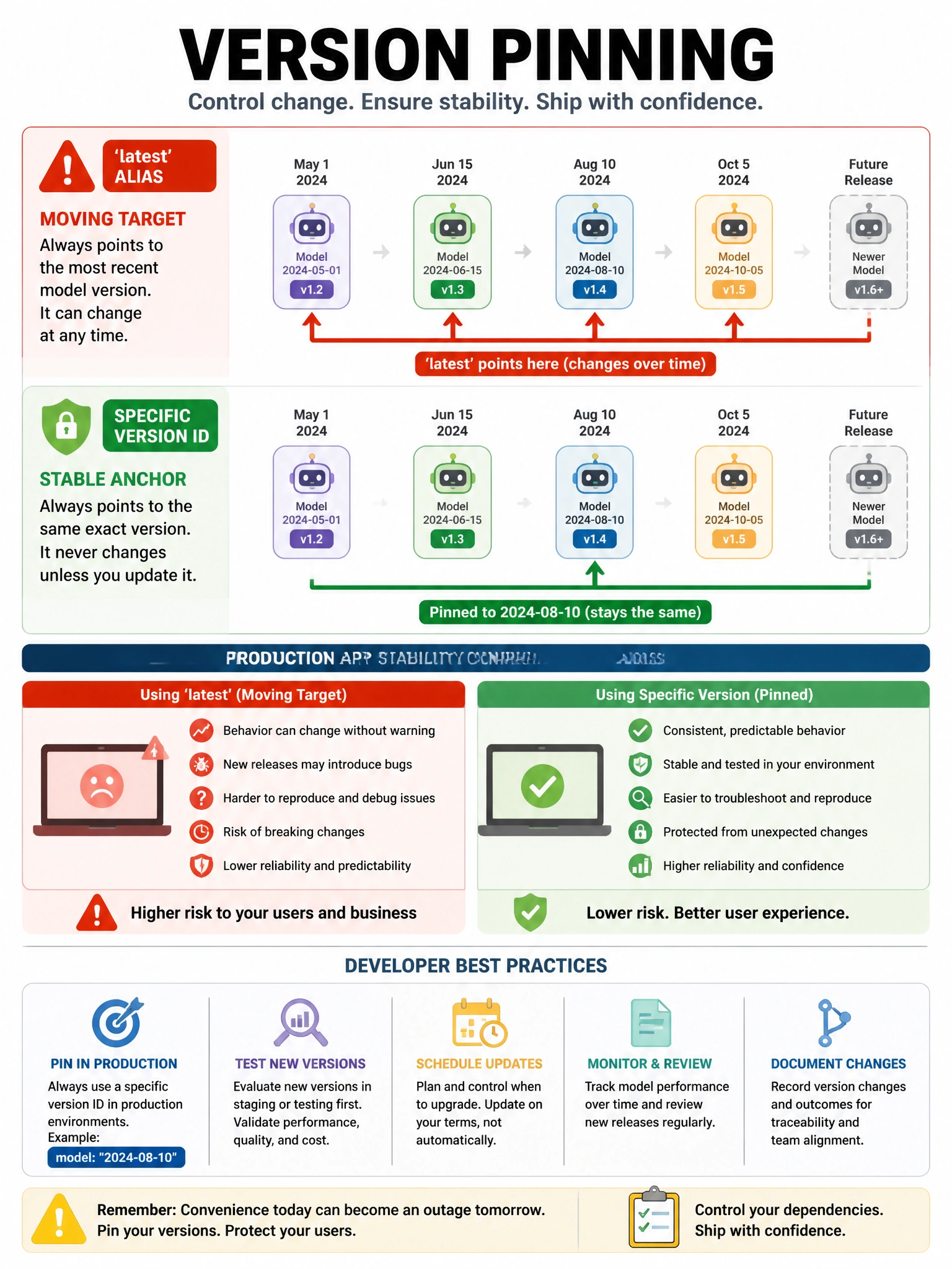 Version pinning infographic. 'latest' alias shown as moving target with arrow pointing to different model versions over time. Specific version ID shown as fixed stable anchor. Production app stability comparison. Warning triangle on 'latest'. Developer best practice guidance. 1024x768.