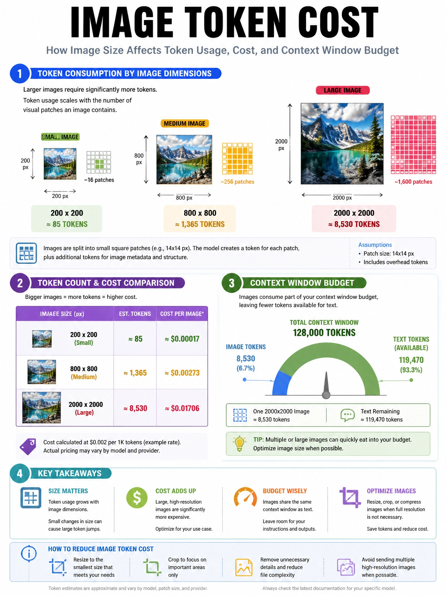 Image token cost infographic. Chart showing token consumption by image dimensions (small, medium, large images). Token count examples: 200x200 image vs 2000x2000 image. Cost comparison. Context window budget gauge showing image tokens vs text tokens. Visual and technical style, 1024x768.
