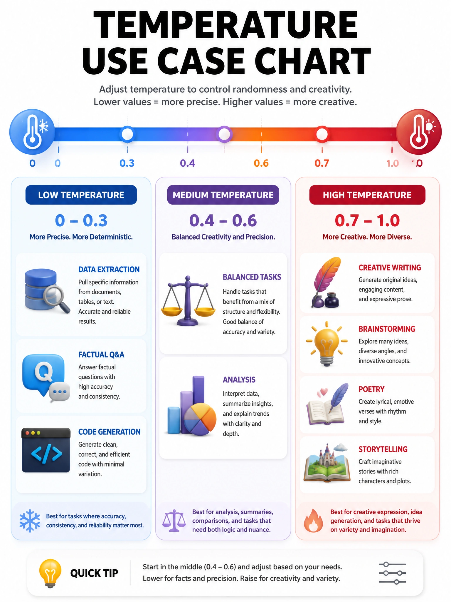 Temperature use case chart infographic. Low temp (0-0.3): data extraction, factual Q&A, code generation. Medium (0.4-0.6): balanced tasks, analysis. High (0.7-1.0): creative writing, brainstorming, poetry, storytelling. Color gradient from blue (cold/precise) to red (hot/creative). 1024x768.