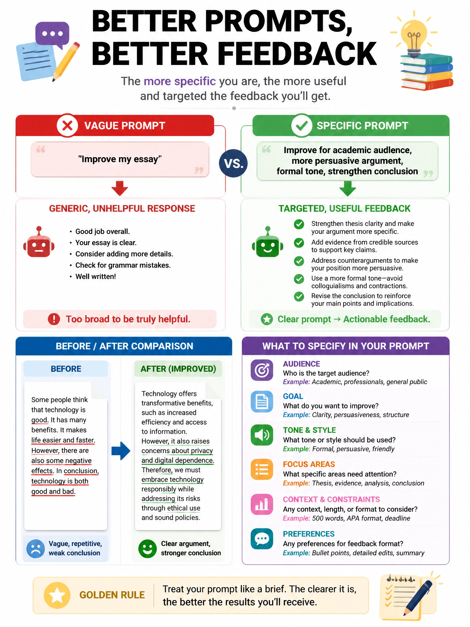 Prompt improvement infographic. Vague prompt: 'Improve my essay' → generic unhelpful response. Specific prompt: 'Improve for academic audience, more persuasive argument, formal tone, strengthen conclusion' → targeted useful feedback. Checklist of what to specify. Before/after comparison, 1024x768.