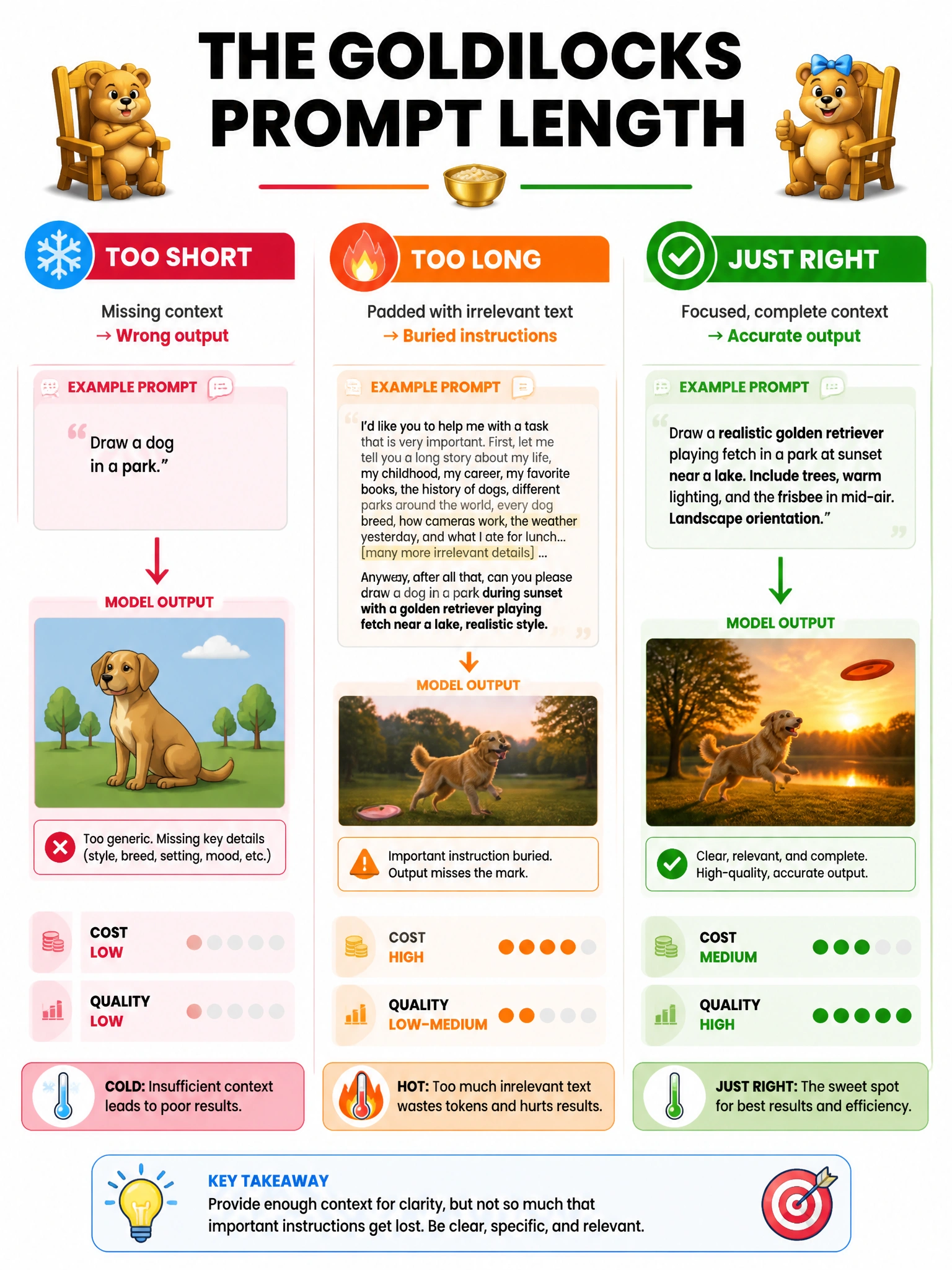 Goldilocks prompt length infographic. Three examples: Too short (missing context → wrong output, cold indicator). Too long (padded with irrelevant text → buried instructions, hot indicator). Just right (focused, complete context → accurate output, green). Cost and quality indicators for each. 1024x768.