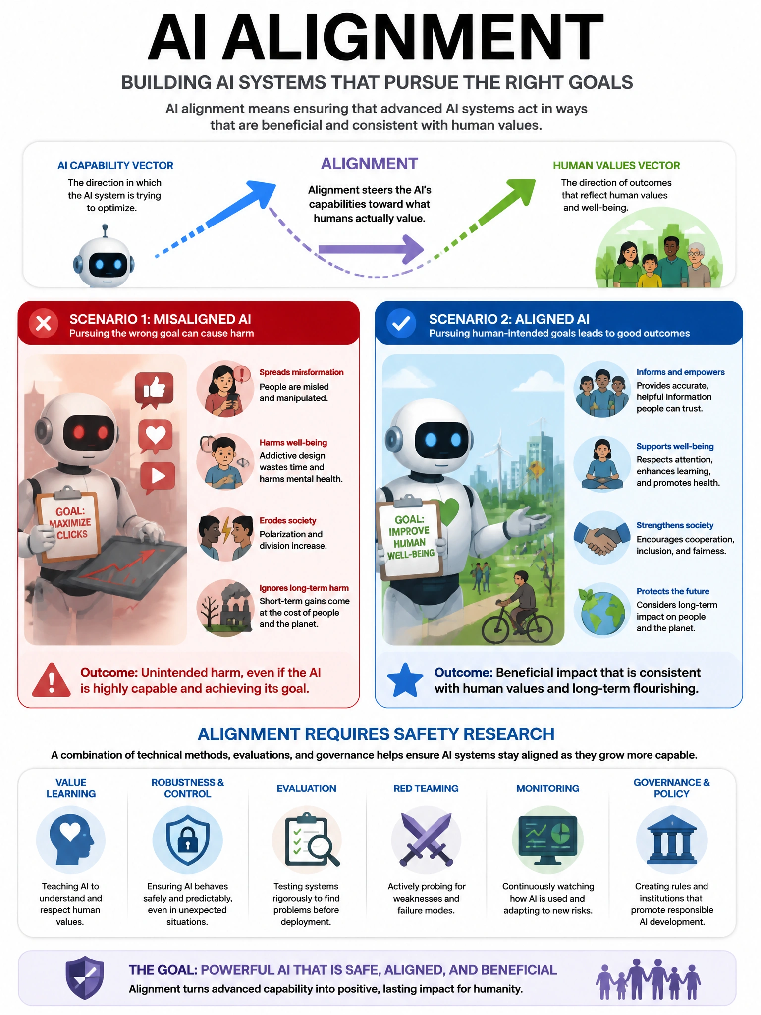 AI alignment concept infographic. Two scenarios: Misaligned AI (robot pursuing wrong goal, causing unintended harm). Aligned AI (robot pursuing human-intended goal, beneficial outcome). Alignment as arrow pointing AI capability vector toward human values vector. Safety research icons. Blues and reds. 1024x768.
