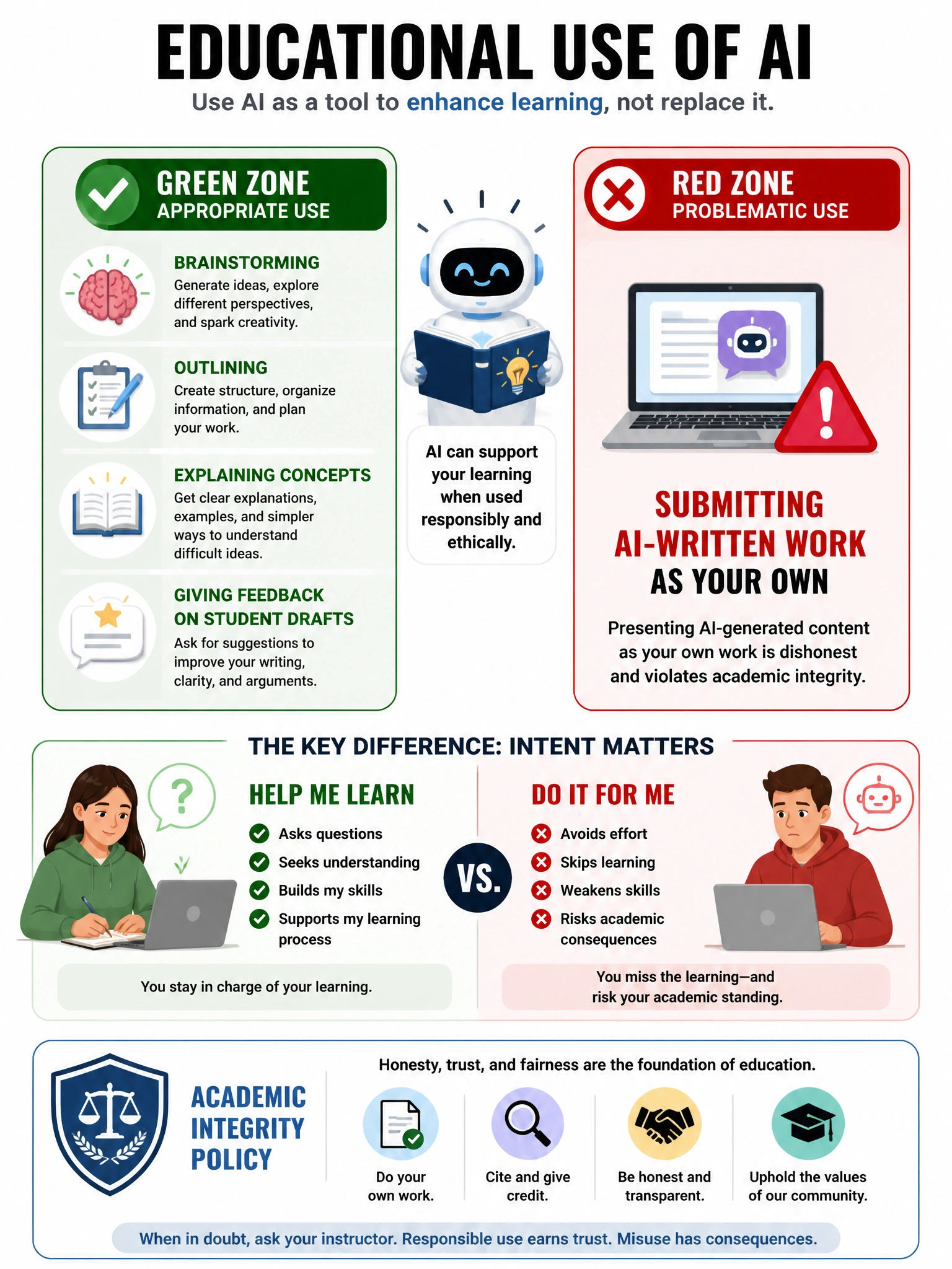Educational use of AI infographic. Green zone (appropriate): brainstorming, outlining, explaining concepts, giving feedback on student drafts. Red zone (problematic): submitting AI-written work as your own. Academic integrity policy icon. 'Help me learn' vs 'Do it for me' distinction. 1024x768.
