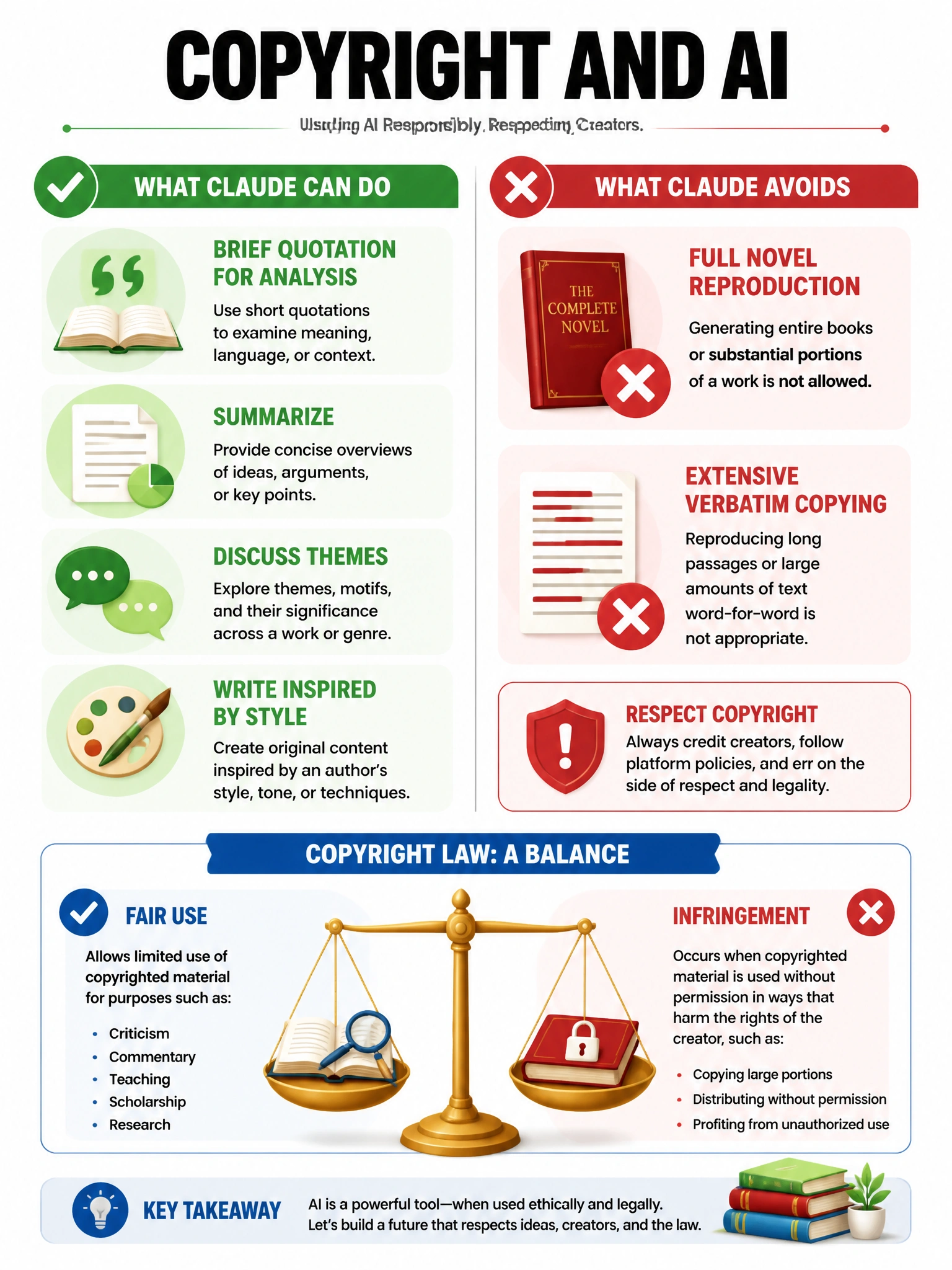 Copyright and AI infographic. What Claude can do: brief quotation for analysis (green), summarize (green), discuss themes (green), write inspired by style (green). What Claude avoids: full novel reproduction (red), extensive verbatim copying (red). Copyright law icon. Balance of fair use vs infringement. 1024x768.