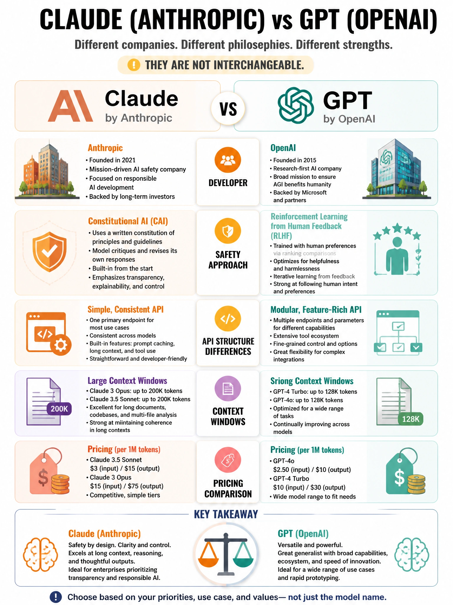 Comparison infographic: Claude (Anthropic) vs GPT (OpenAI). Side by side: Developer, Safety approach (CAI vs RLHF), API structure differences, Context windows, Pricing comparison. Key message: different companies, different philosophies, different strengths. Not interchangeable. Anthropic and OpenAI logos (abstract). 1024x768.